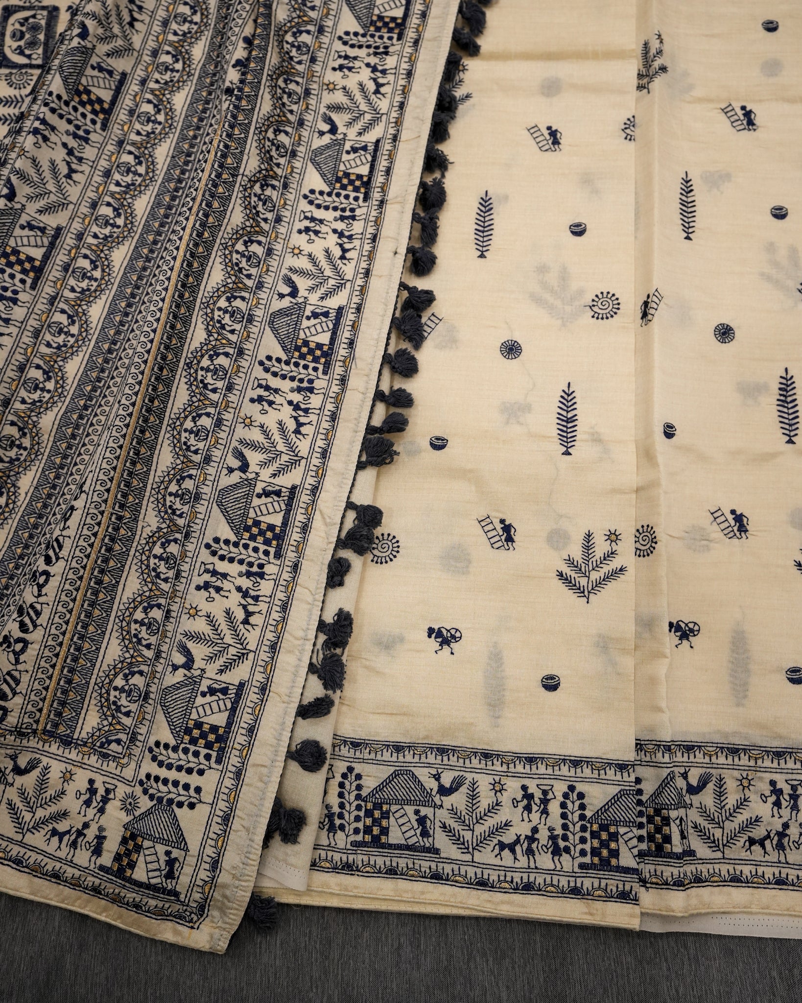 White Loom Tussar Saree with Worli Blue Embroidery