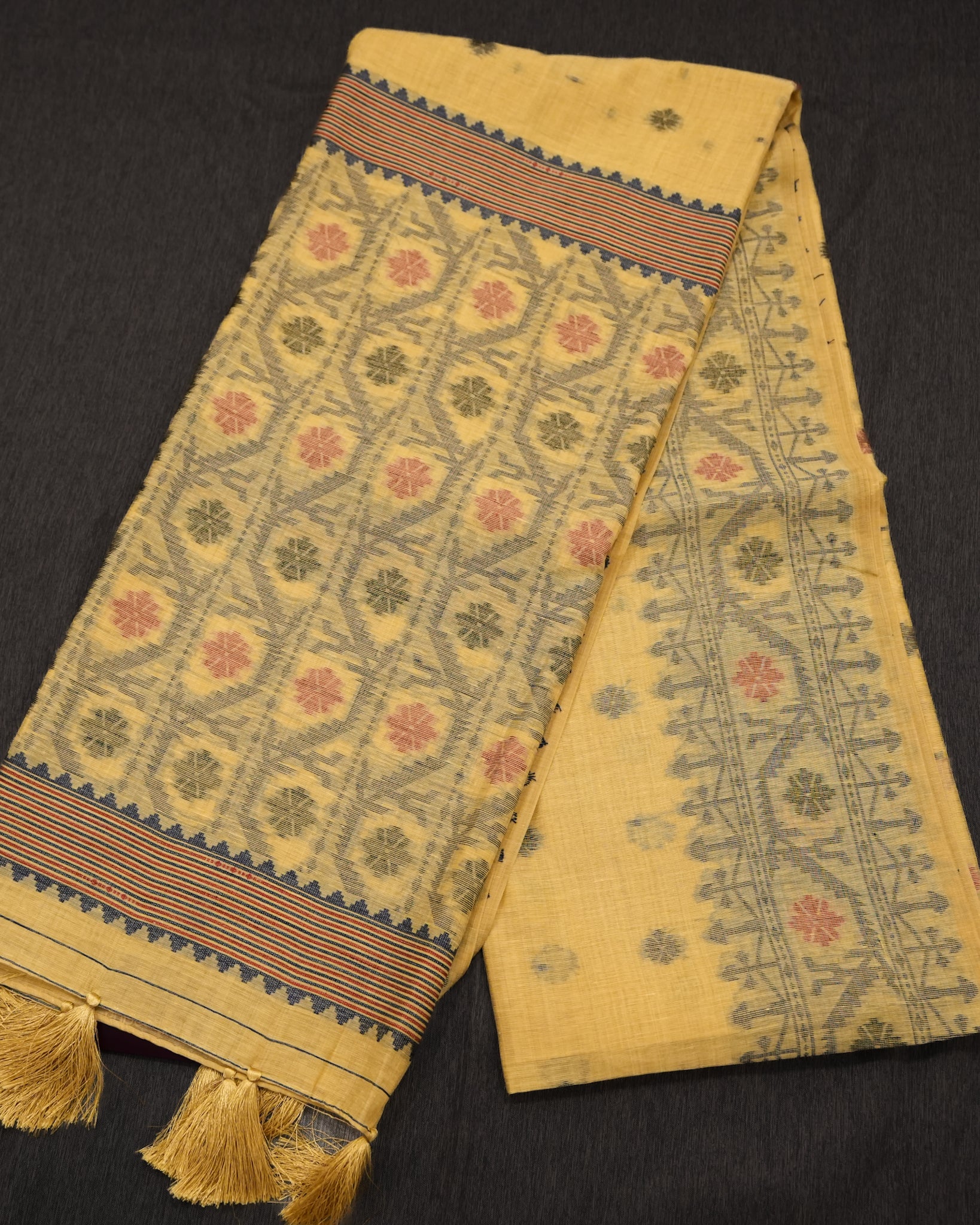 Yellow Muga Cotton Saree with Jamdhani Weaving