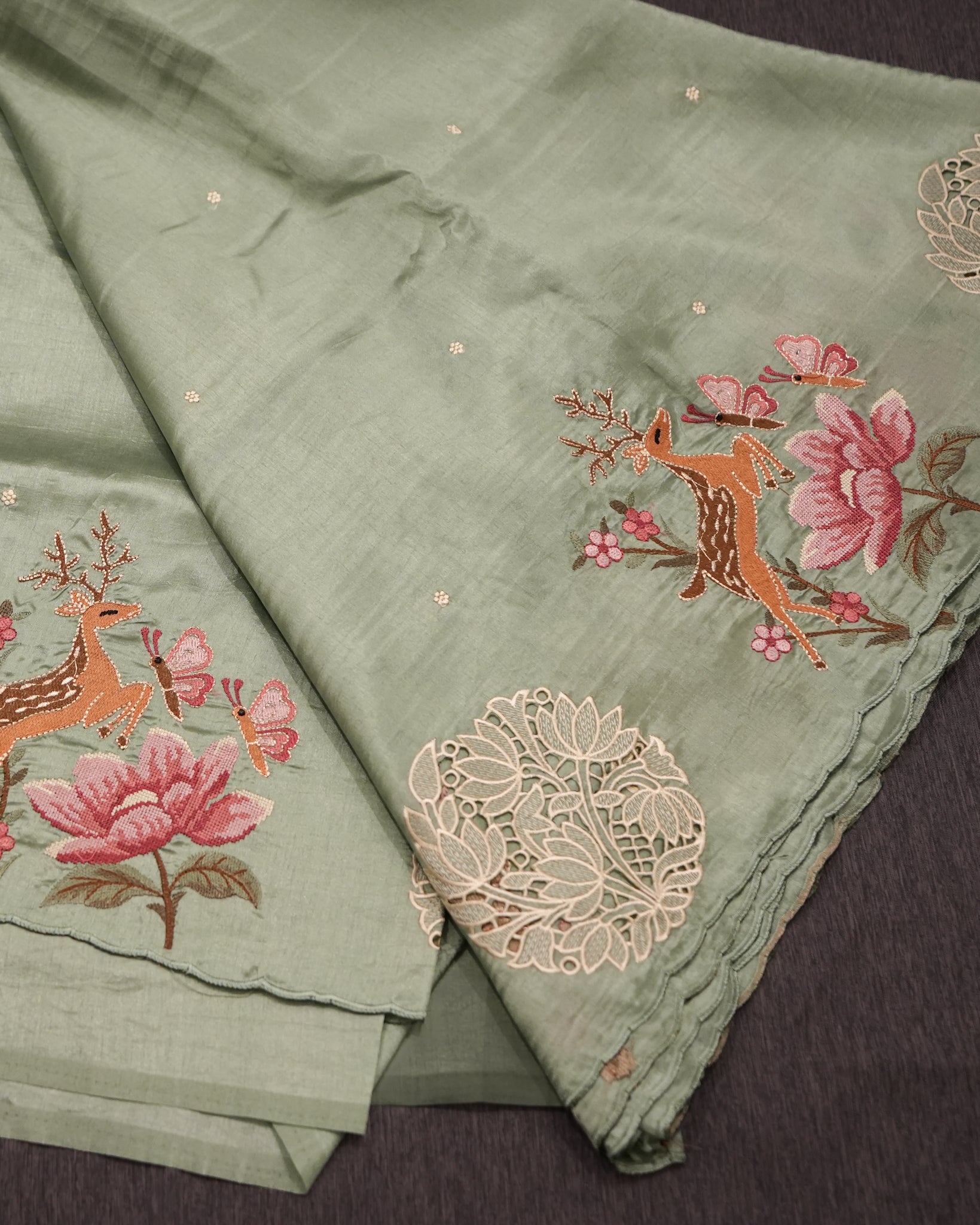 Pista Green Premium Tussar Saree with Cutwork Embroidery