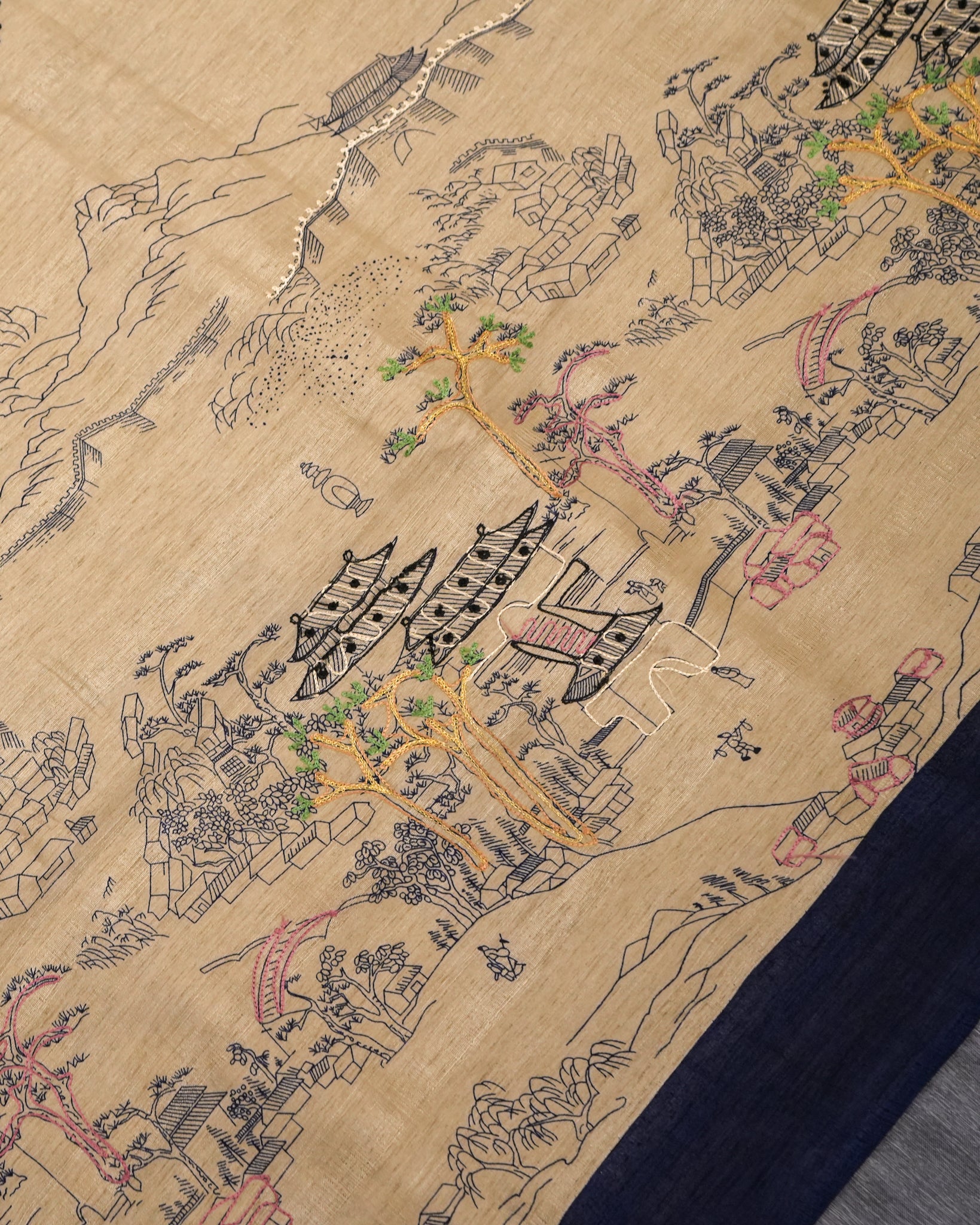 Beige/Blue Tussar Saree with Japanese Artwork & Threadwork Highlighting