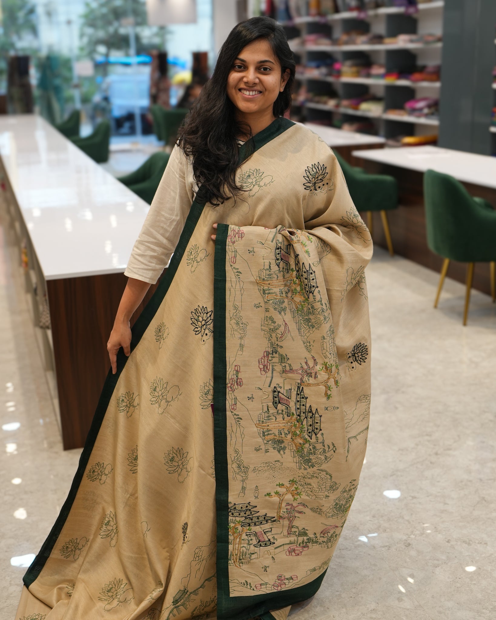 Beige/Green Tussar Saree with Japanese Artwork & Threadwork Highlighting