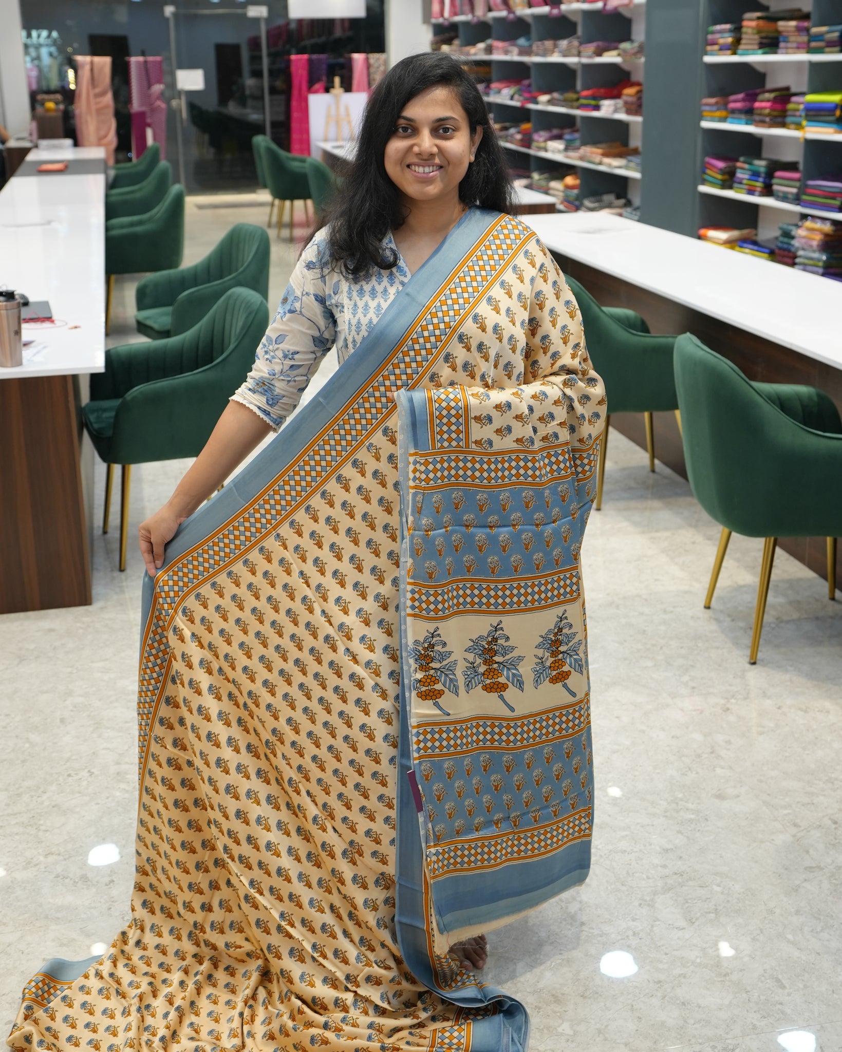 Pure Modal Silk Cream Blue Tones Hand Block Printed