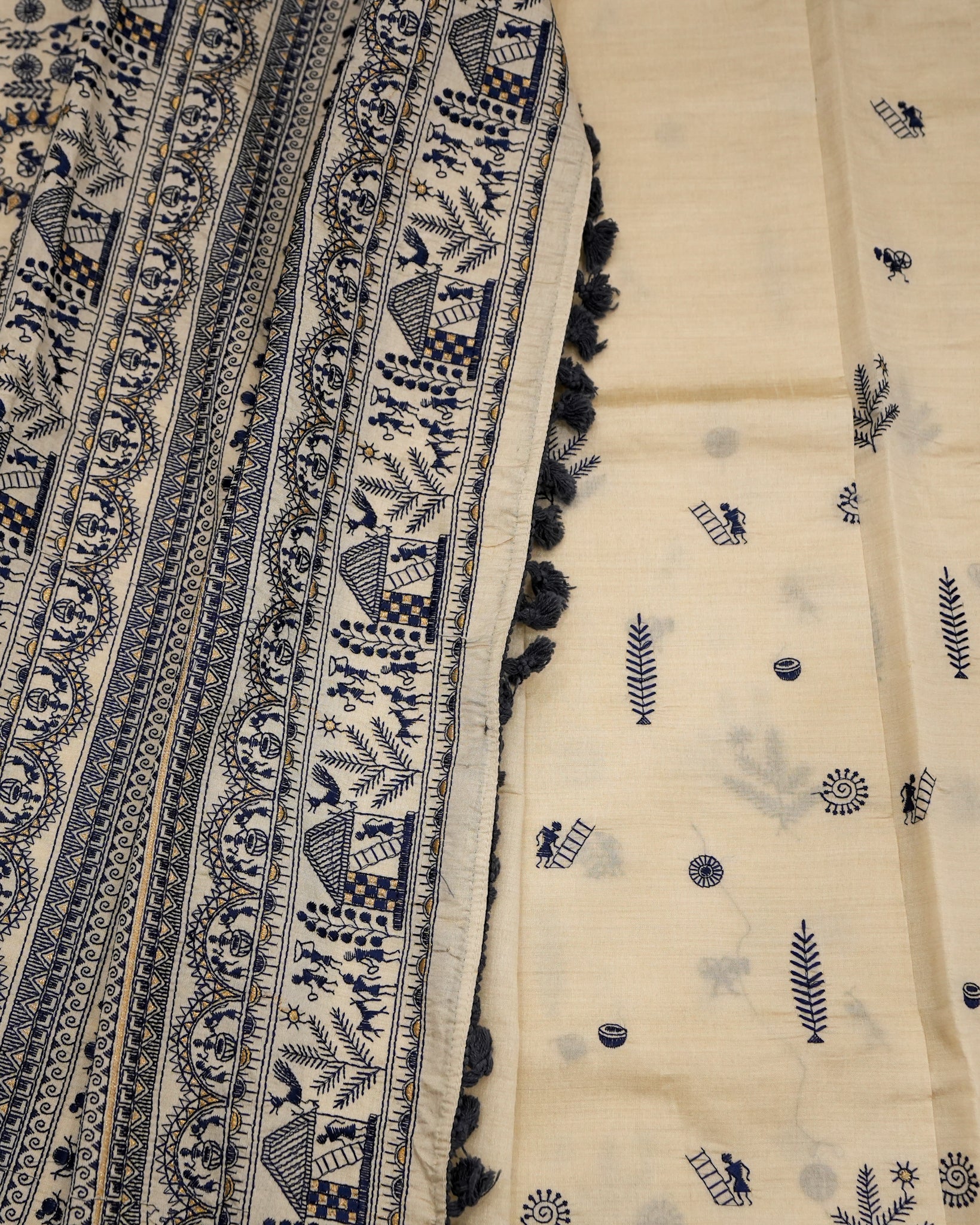 White Loom Tussar Saree with Worli Blue Embroidery
