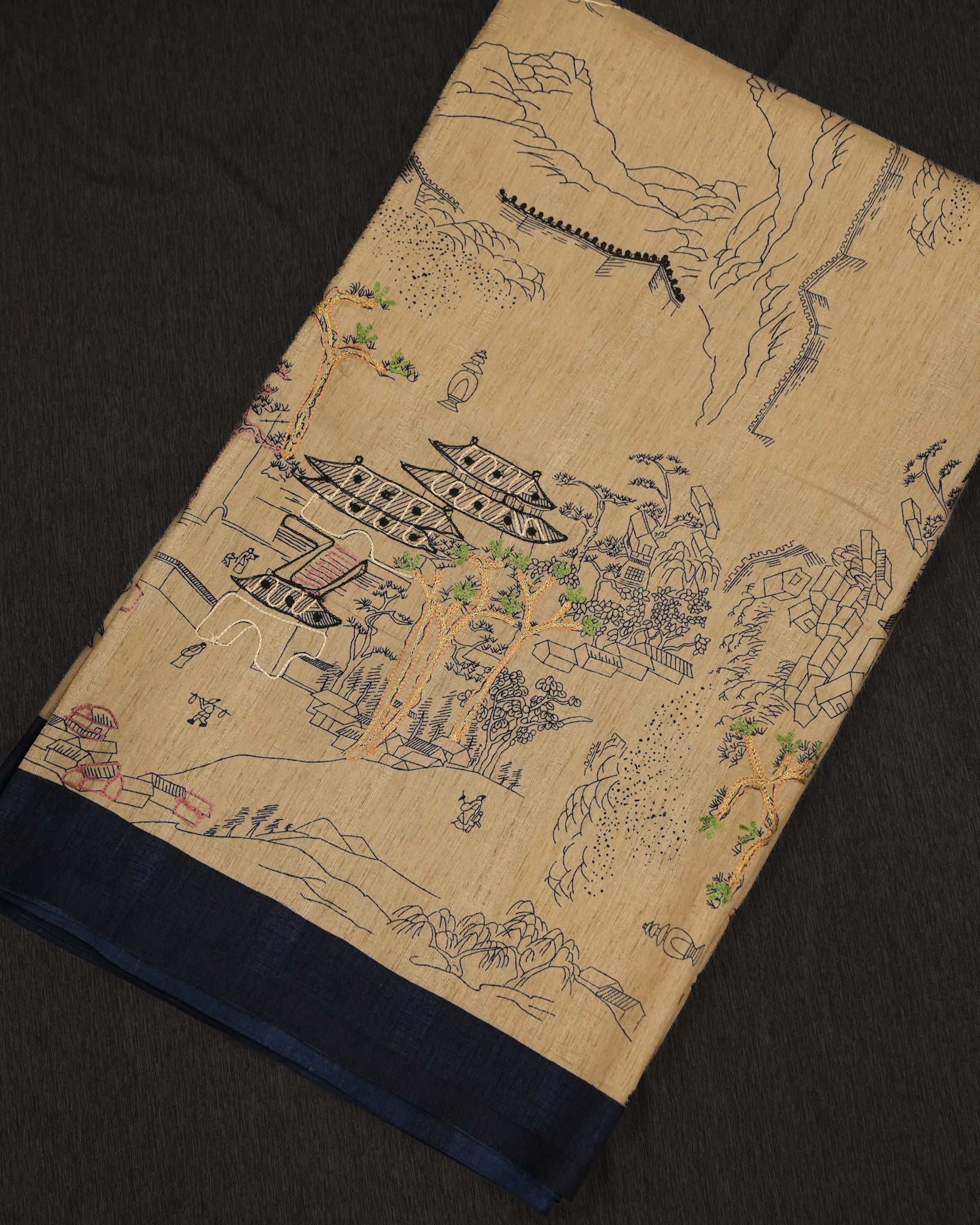 Beige/Blue Tussar Saree with Japanese Artwork & Threadwork Highlighting