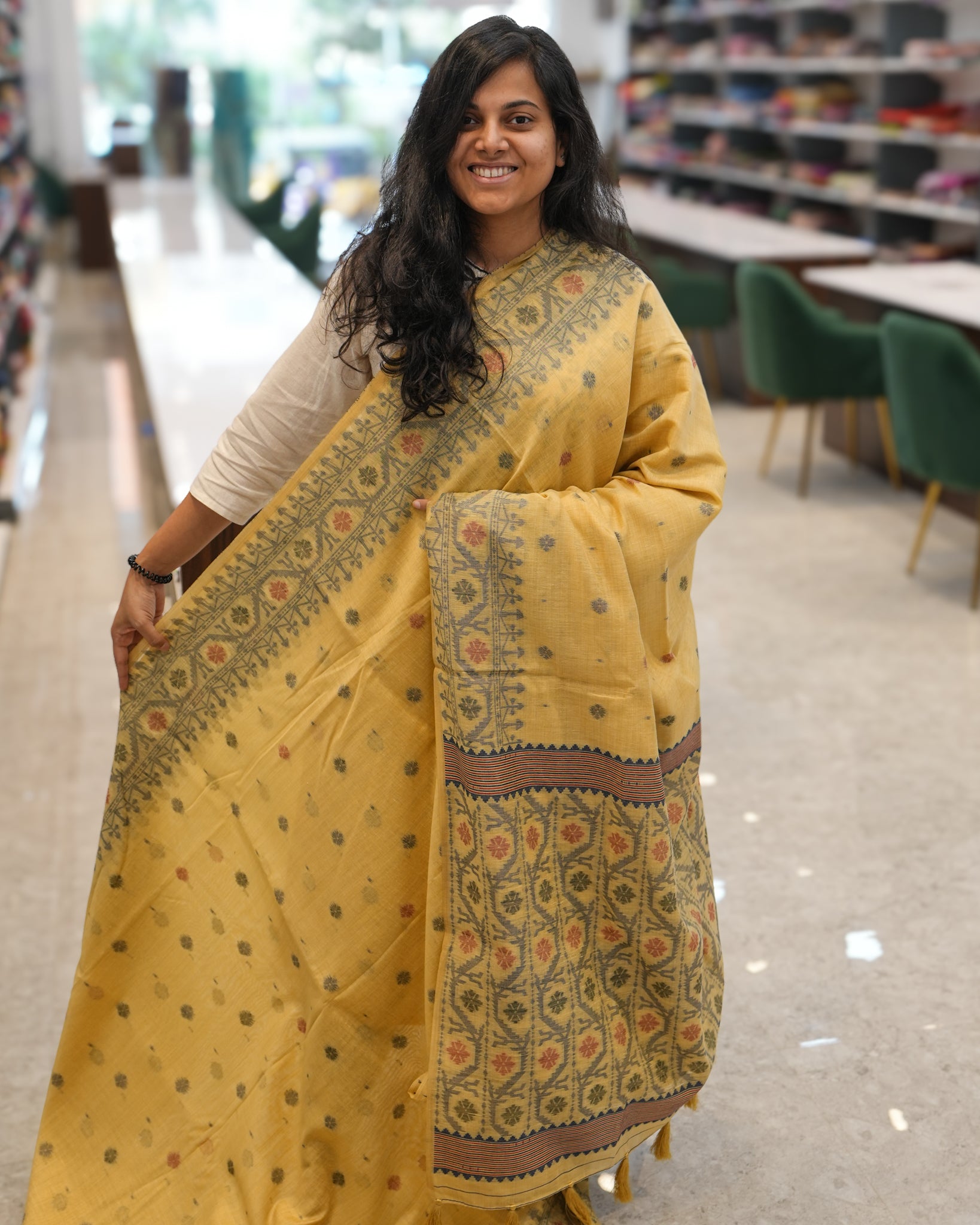 Yellow Muga Cotton Saree with Jamdhani Weaving
