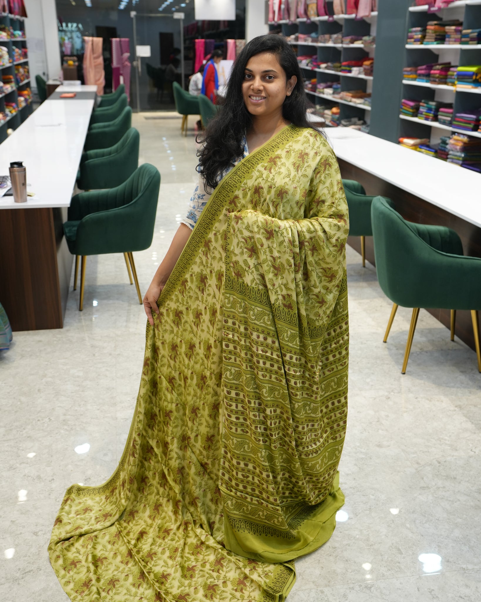 Pure Modal Silk Olive Beige Tones Hand Block Printed