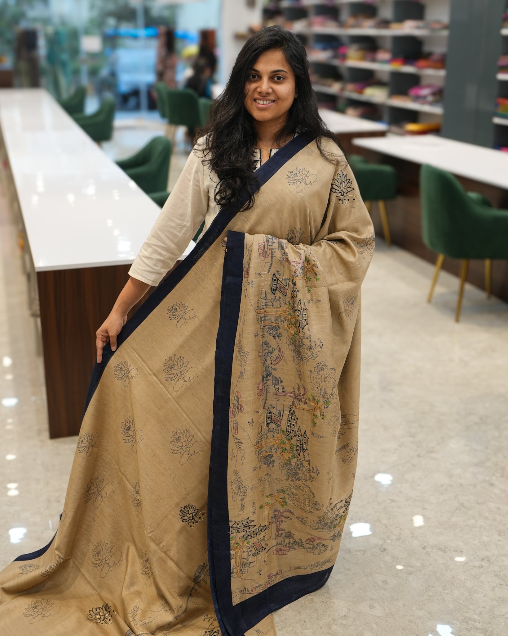 Beige/Blue Tussar Saree with Japanese Artwork & Threadwork Highlighting