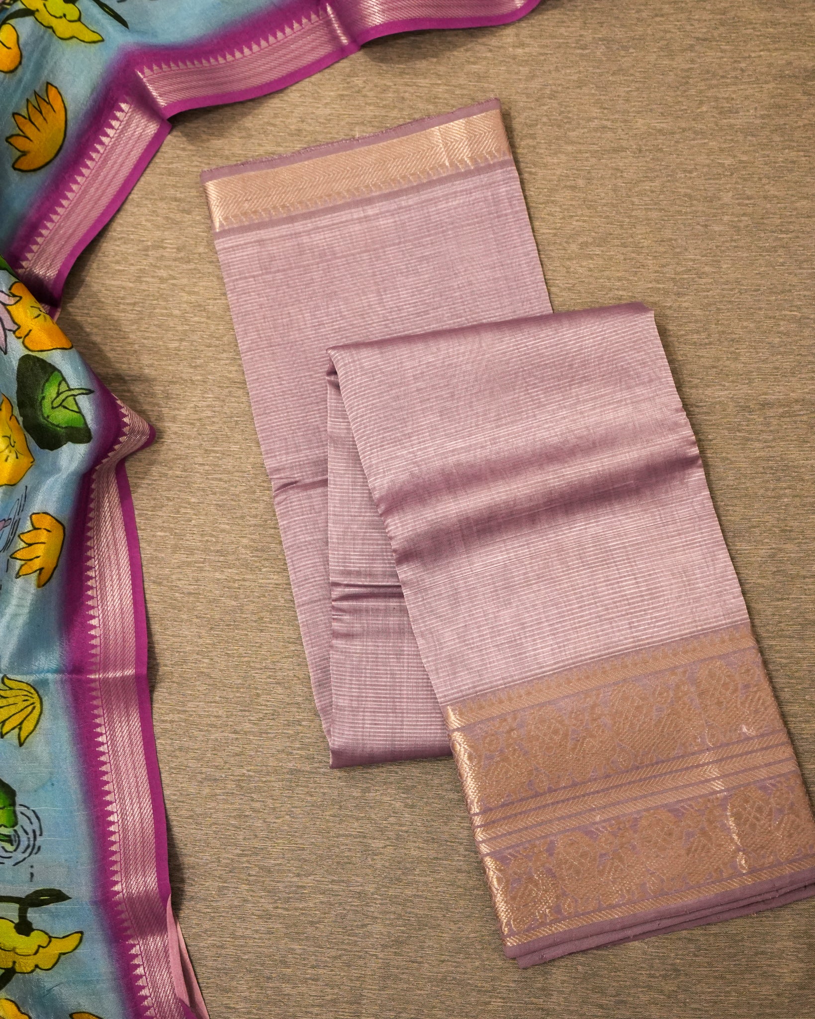 Pure Mangalagiri Silk Lavendar Lehenga Set Kalamkari Dupatta