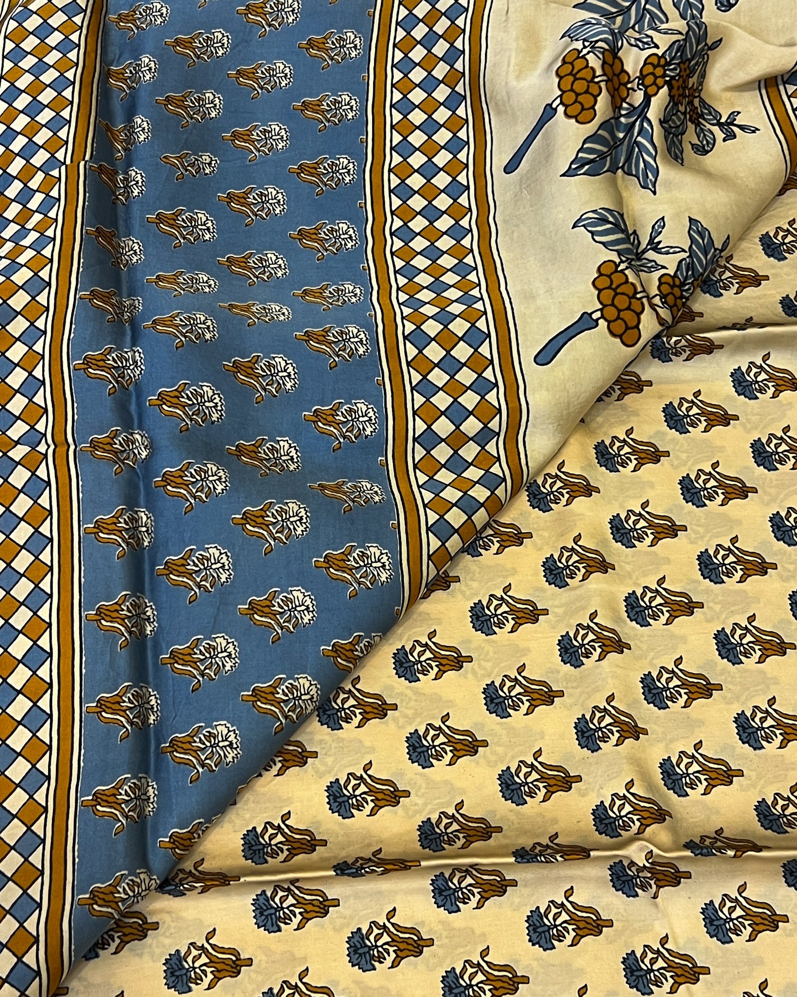 Pure Modal Silk Cream Blue Tones Hand Block Printed