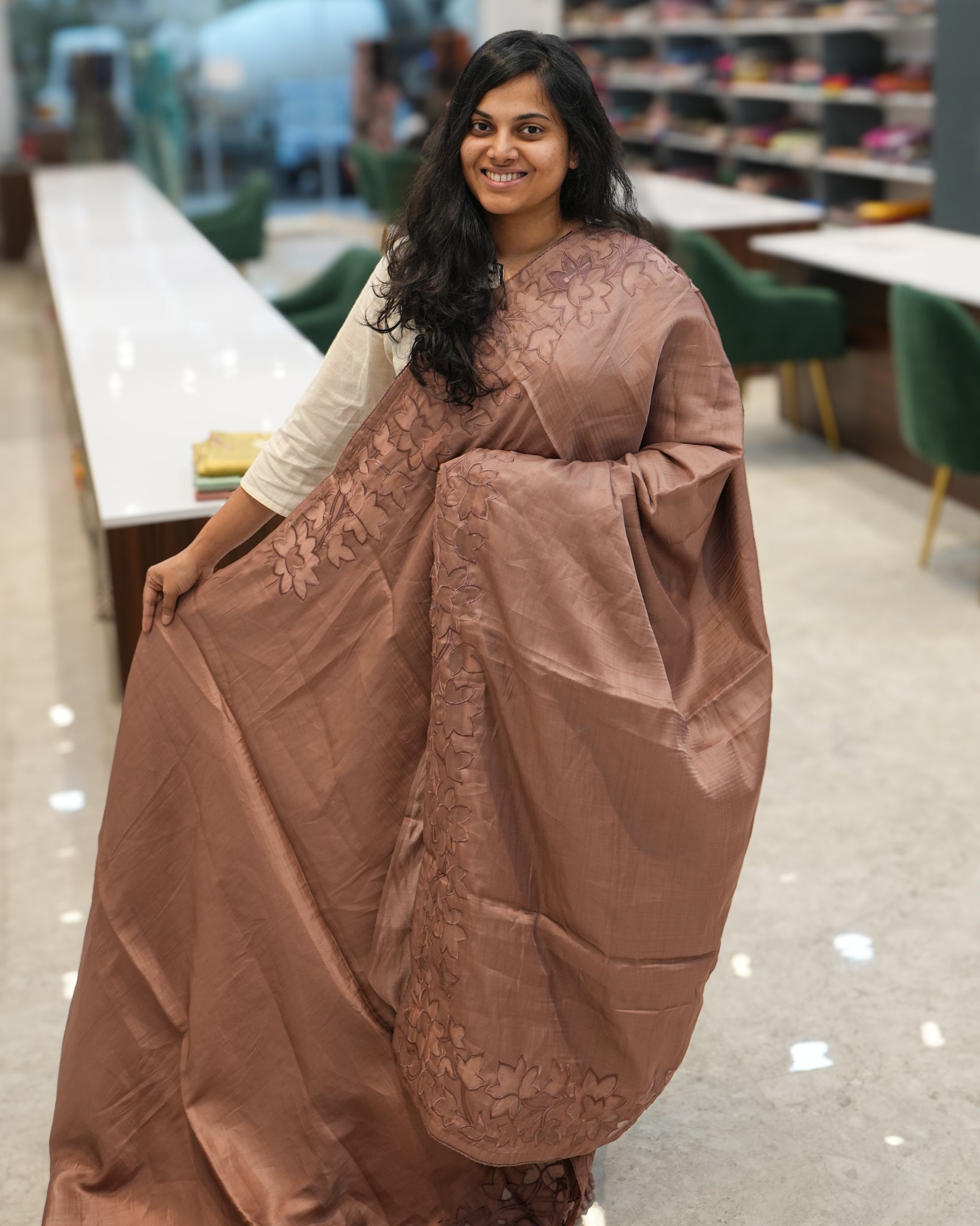 Tussar Premium Saree in Plain Peach with Appliqué Work Border