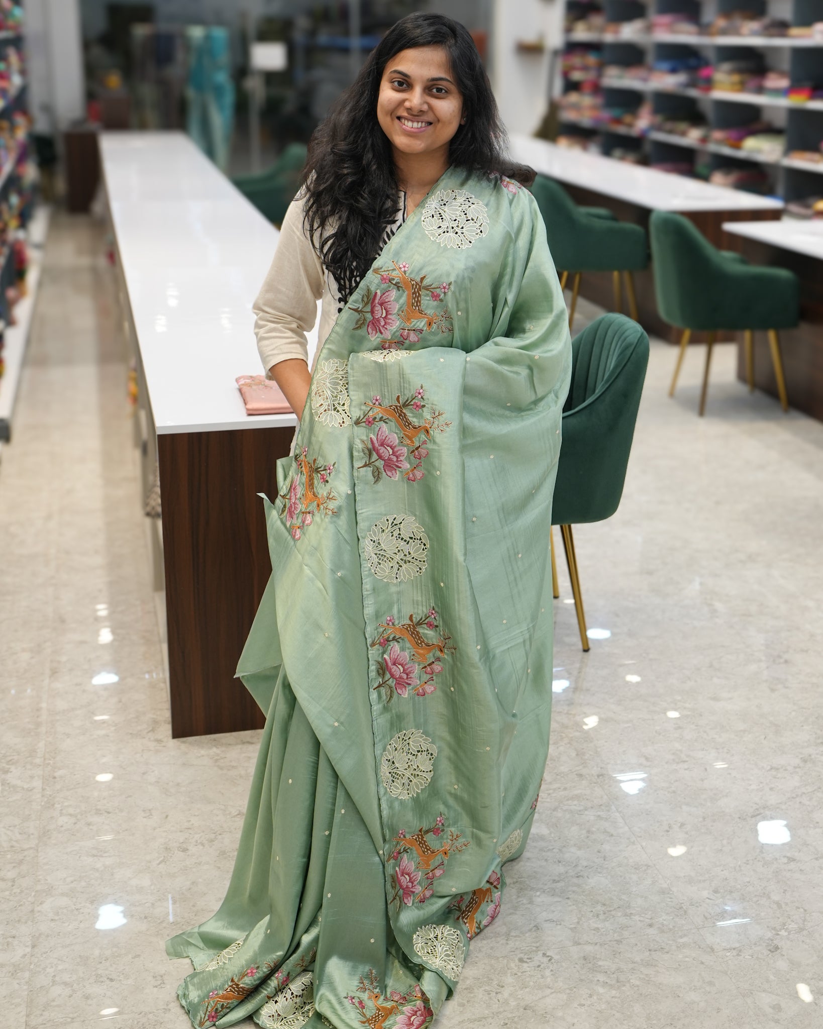 Pista Green Premium Tussar Saree with Cutwork Embroidery