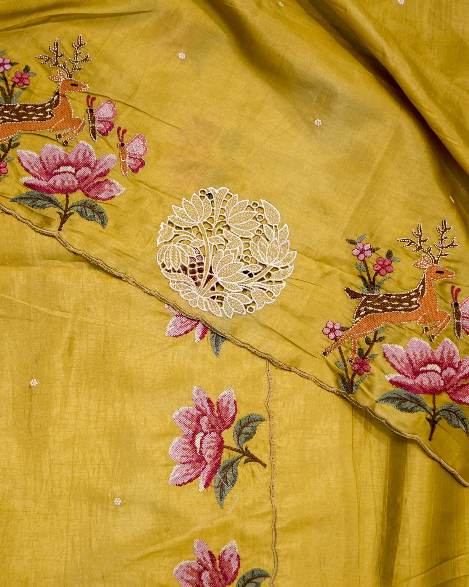 Yellow Premium Tussar Saree with Cutwork Embroidery