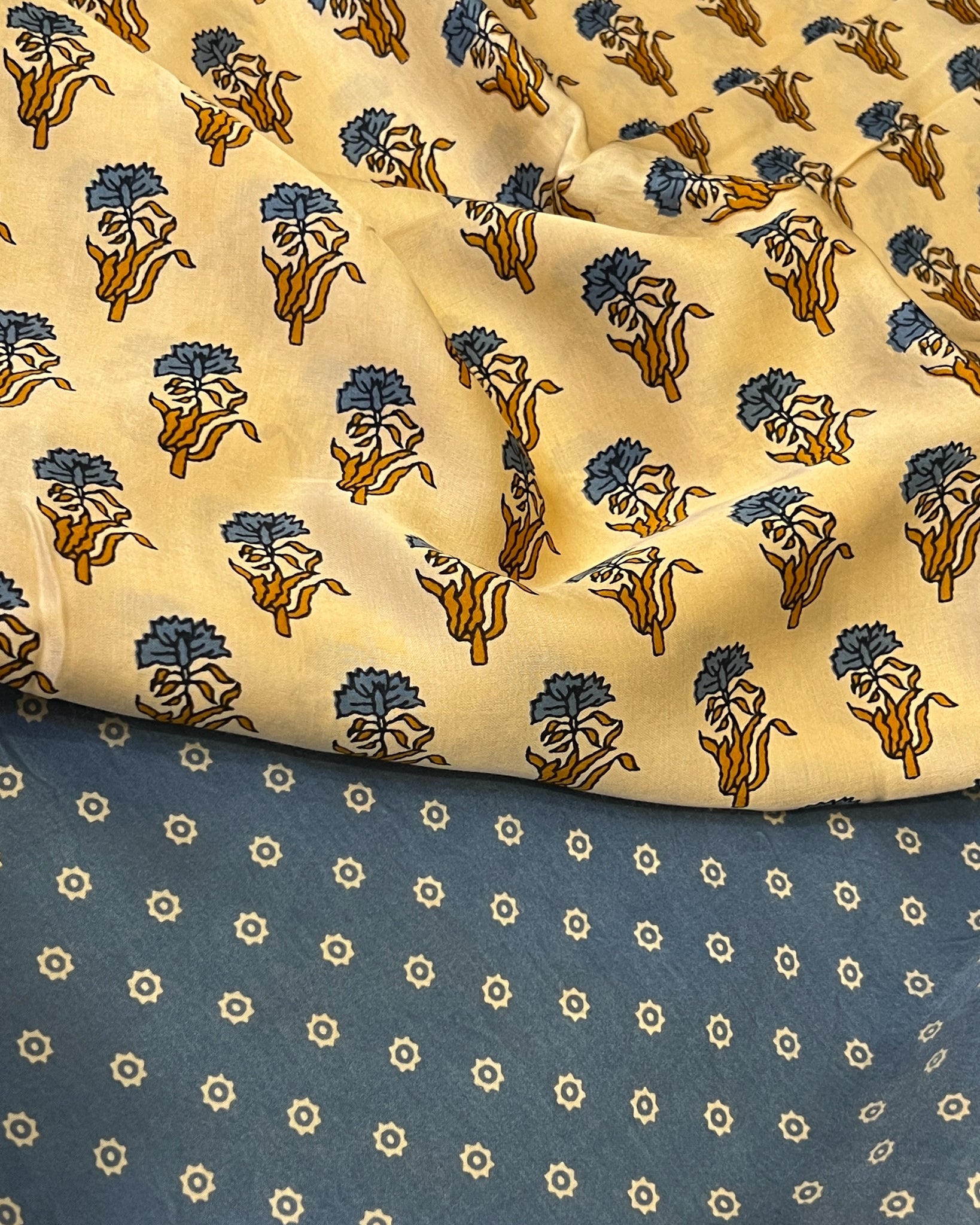 Pure Modal Silk Cream Blue Tones Hand Block Printed