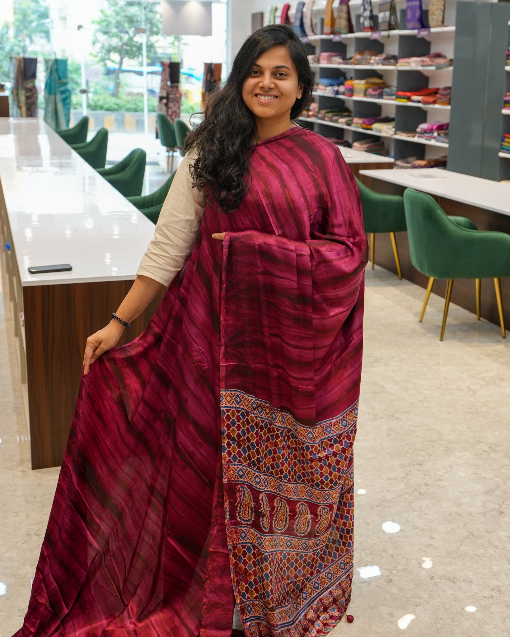 Premium Semi Modal Silk Saree in Pink with Shibori & Ajrakh Print