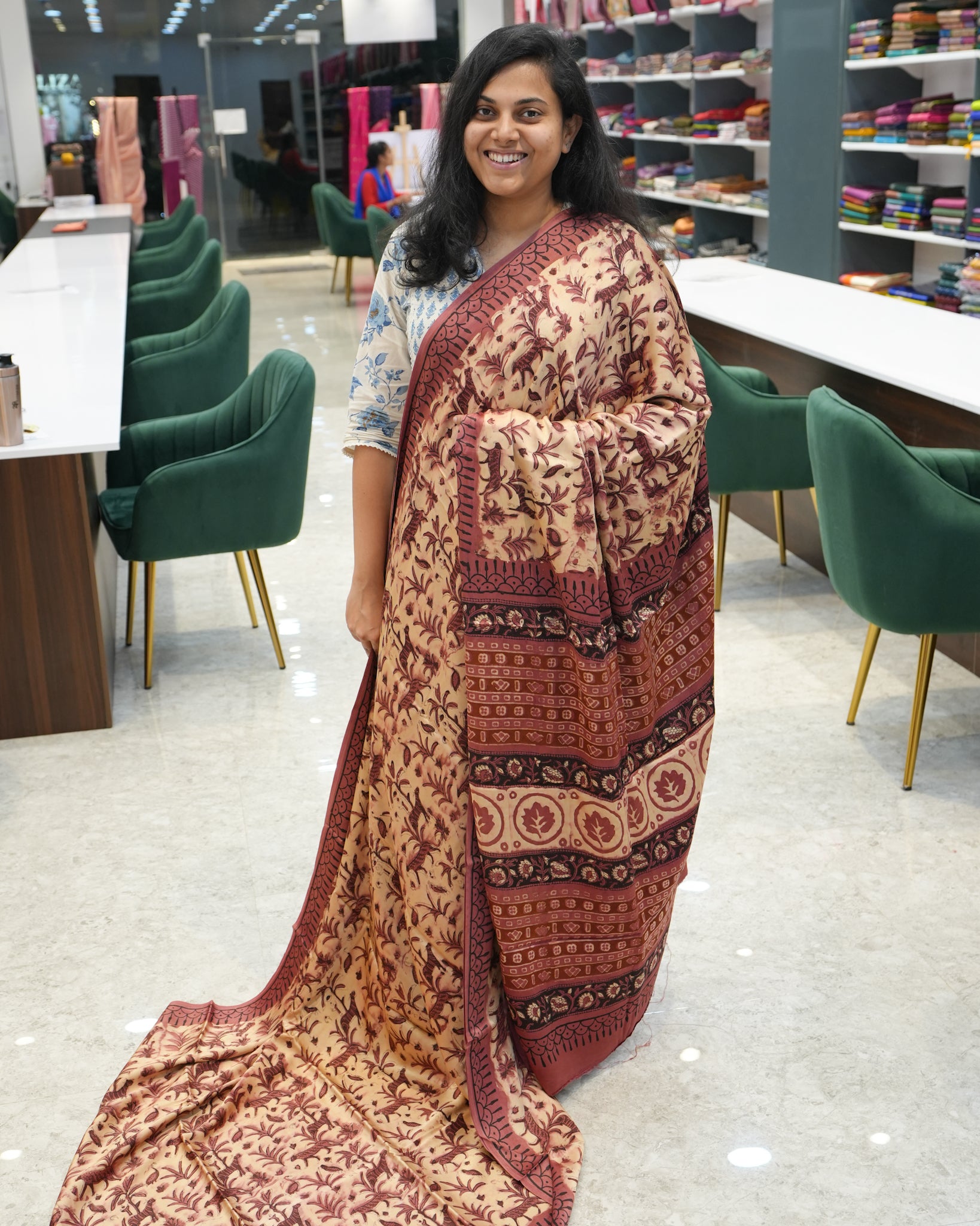 Pure Modal Silk Brown Cream Tones Hand Block Printed