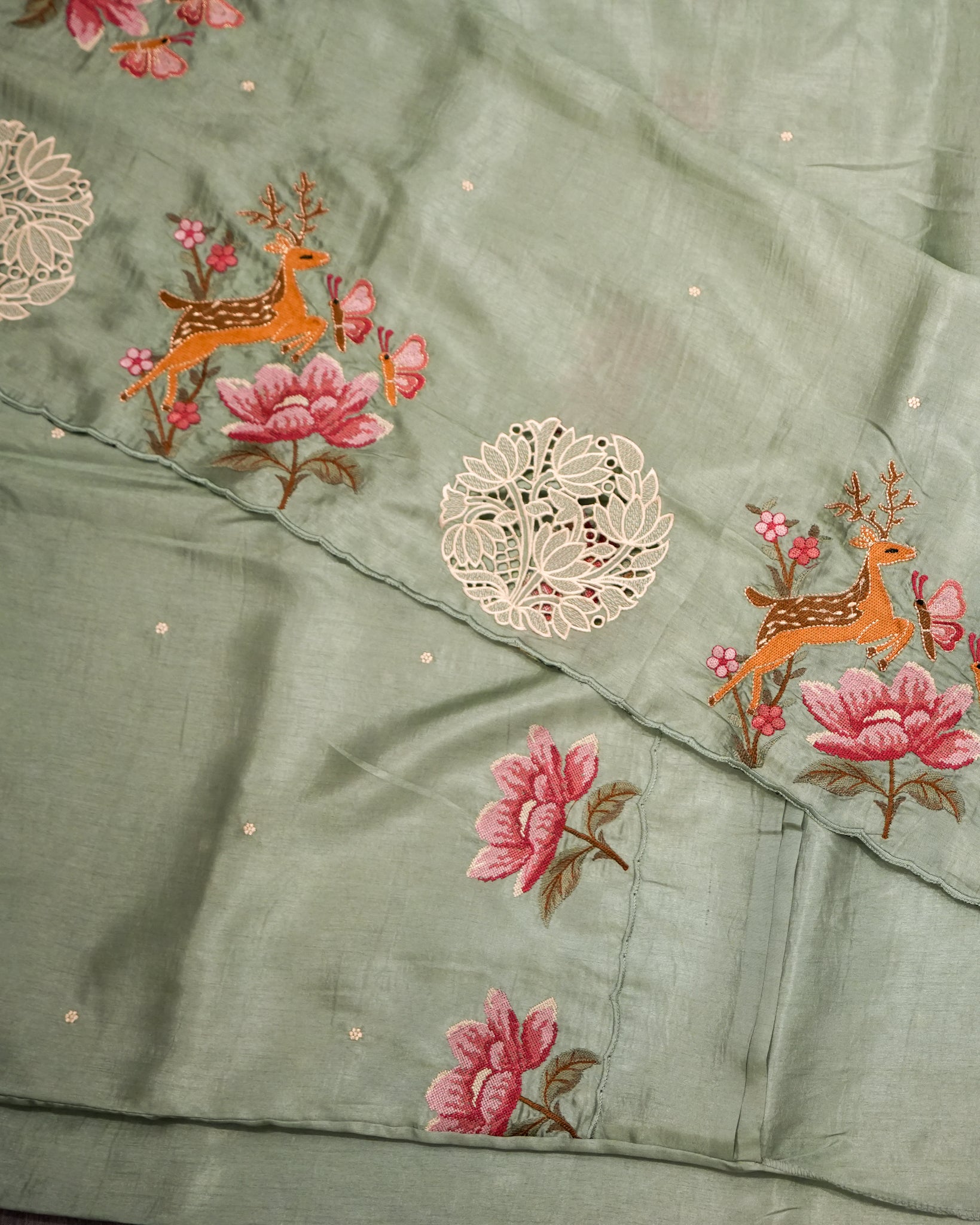 Pista Green Premium Tussar Saree with Cutwork Embroidery
