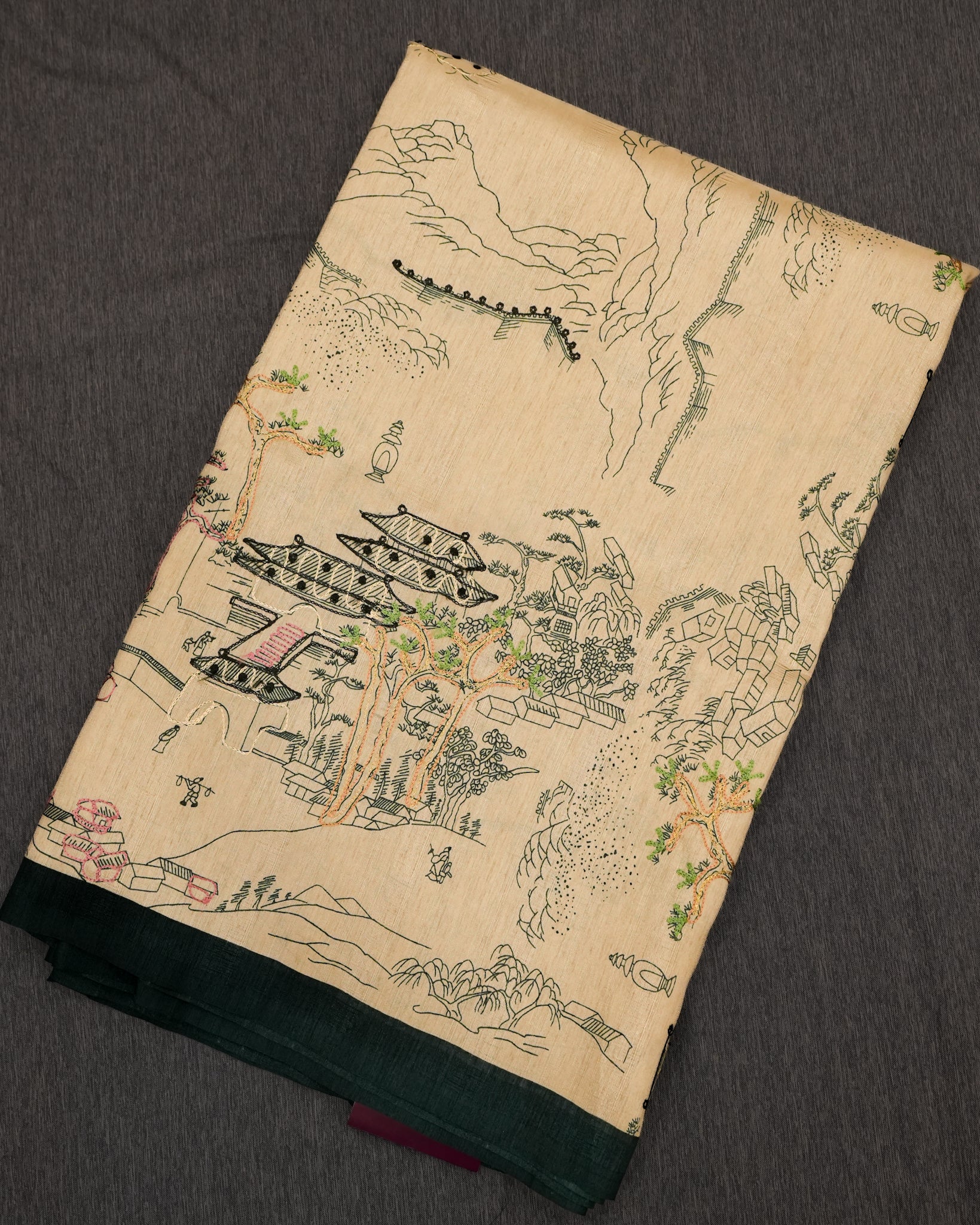 Beige/Green Tussar Saree with Japanese Artwork & Threadwork Highlighting