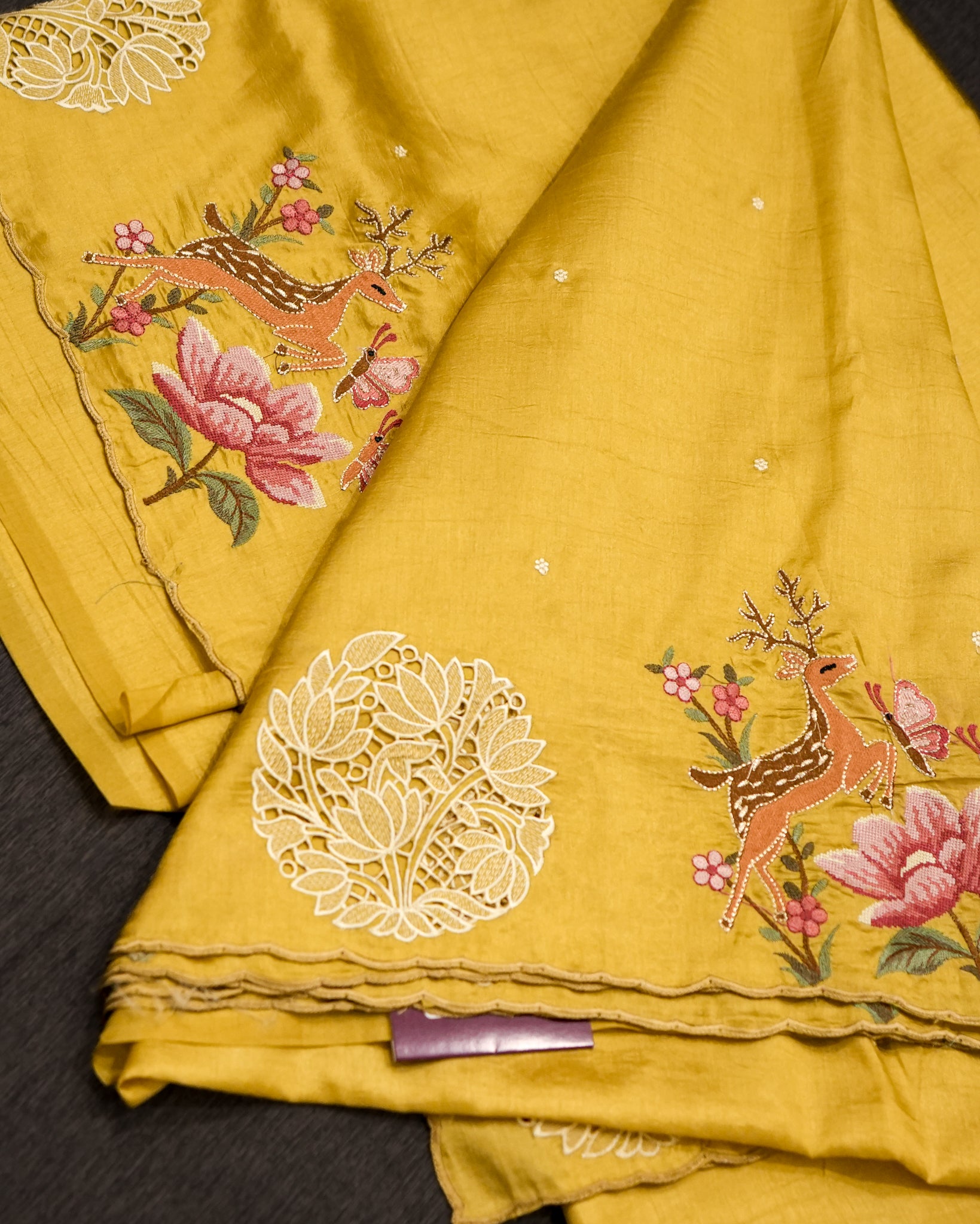 Yellow Premium Tussar Saree with Cutwork Embroidery