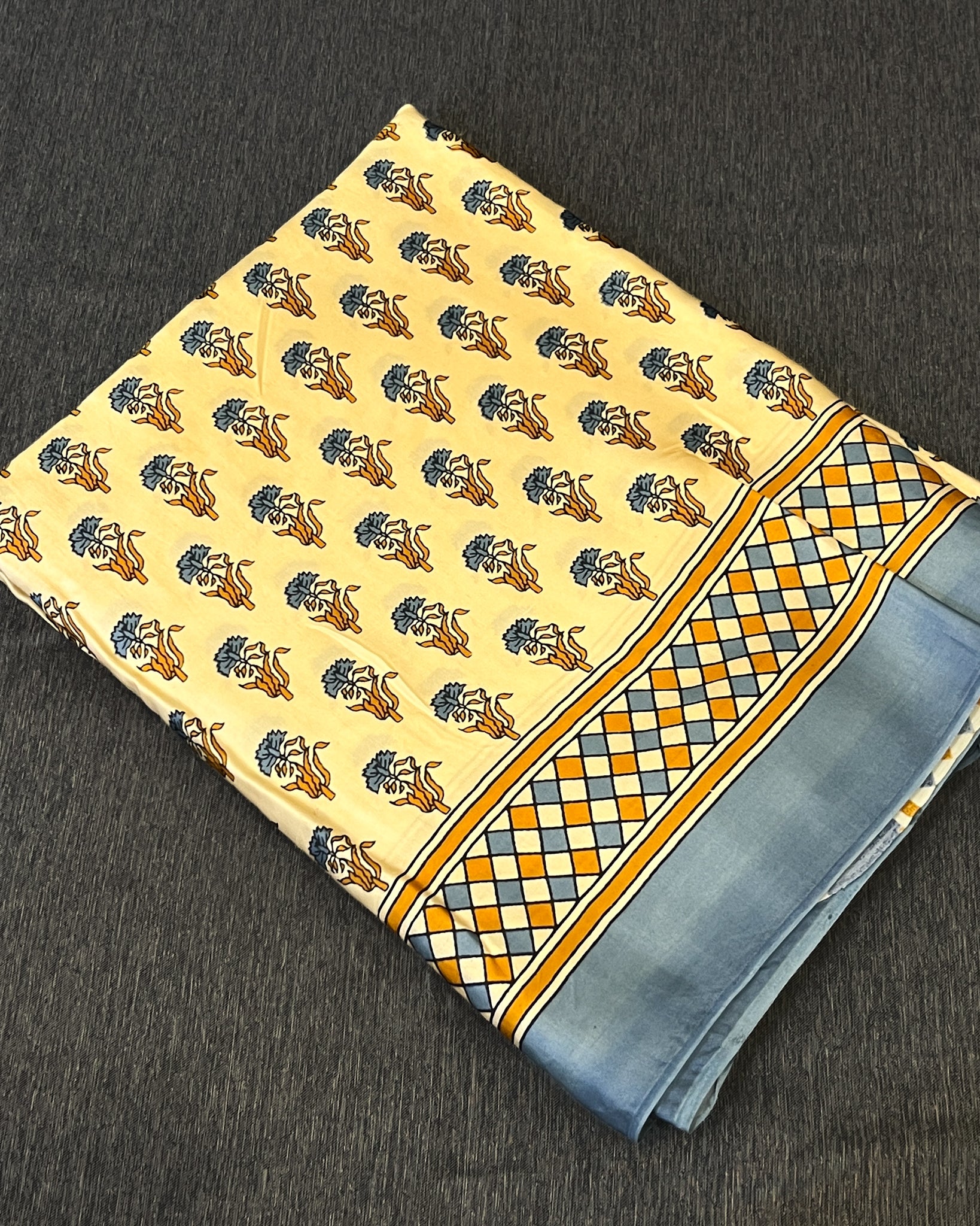 Pure Modal Silk Cream Blue Tones Hand Block Printed