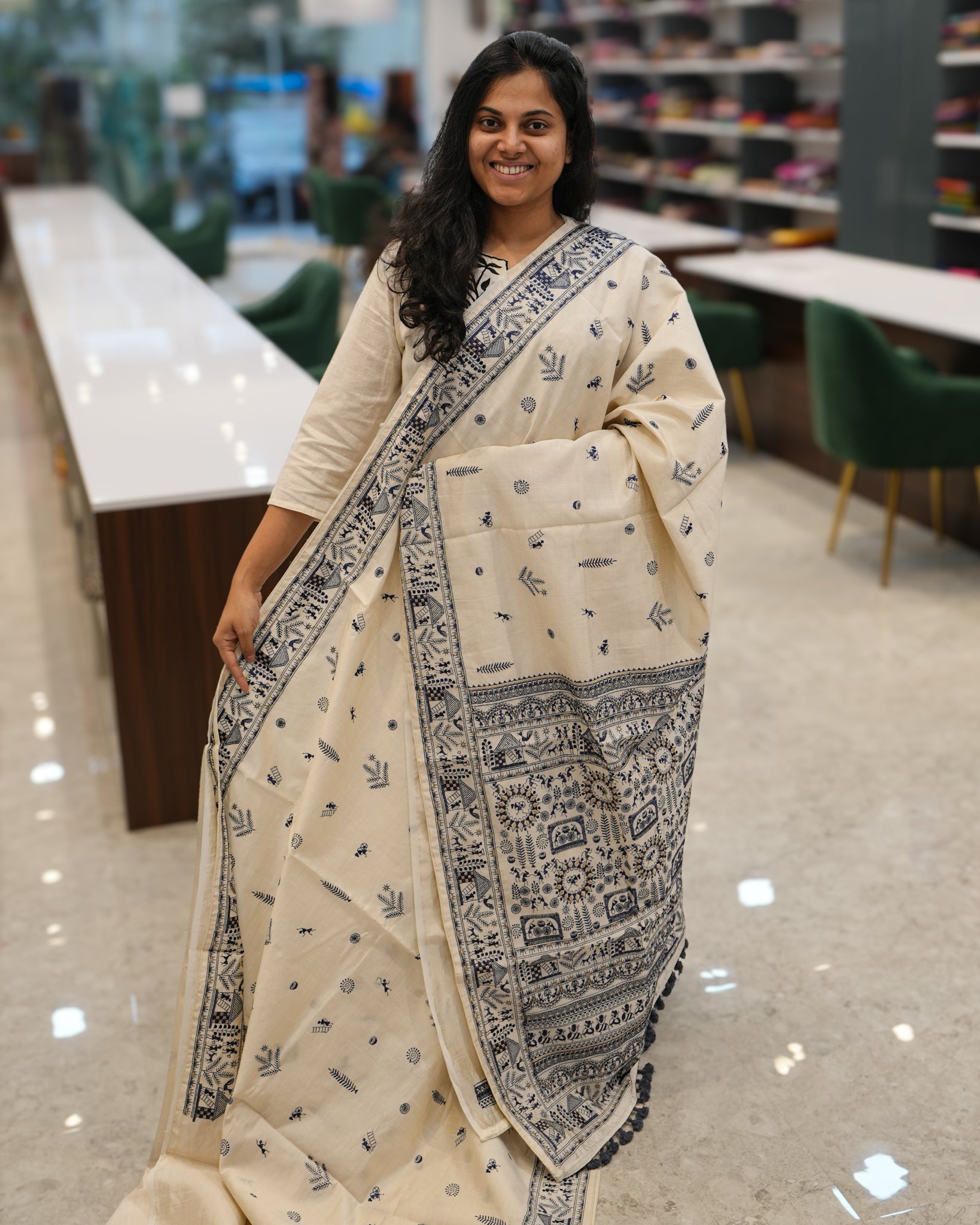White Loom Tussar Saree with Worli Blue Embroidery