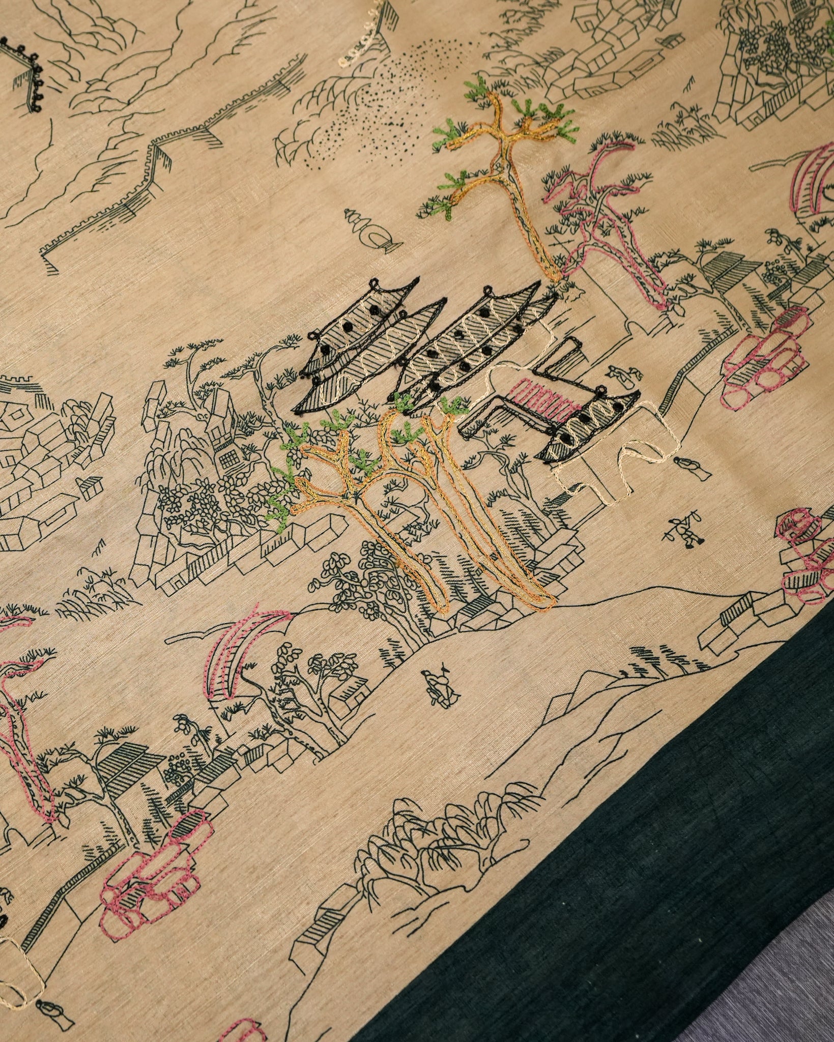 Beige/Green Tussar Saree with Japanese Artwork & Threadwork Highlighting