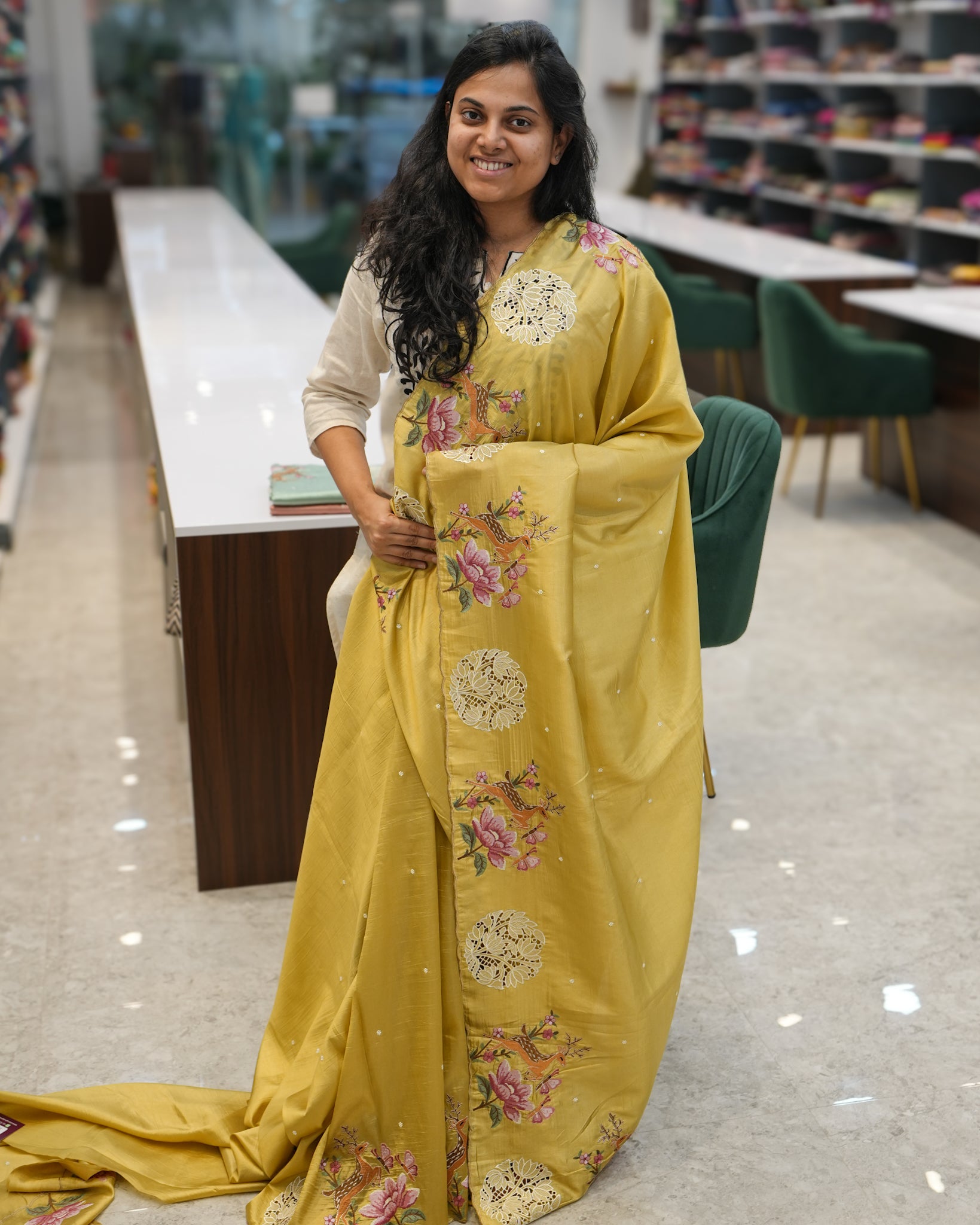 Yellow Premium Tussar Saree with Cutwork Embroidery