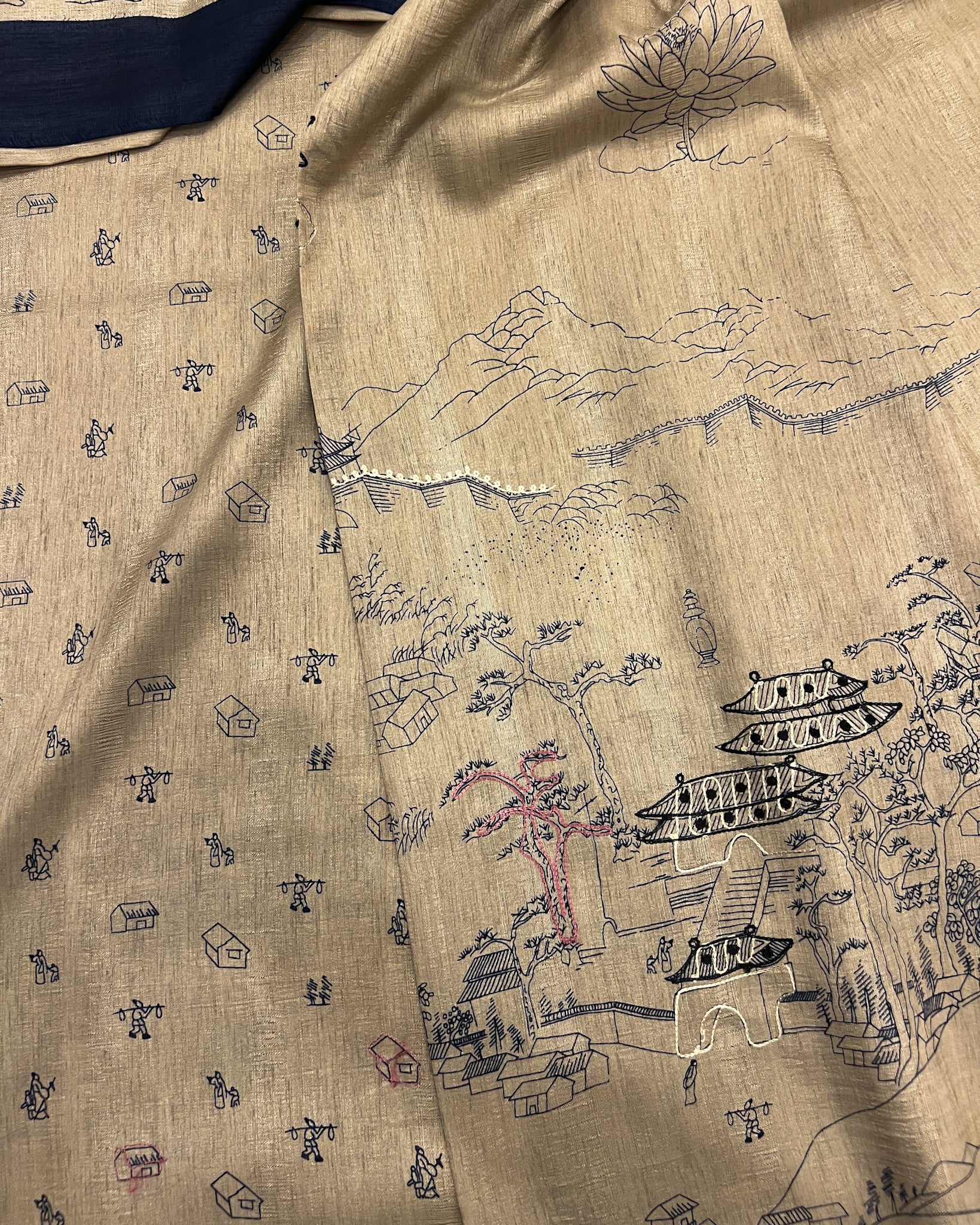 Beige/Blue Tussar Saree with Japanese Artwork & Threadwork Highlighting