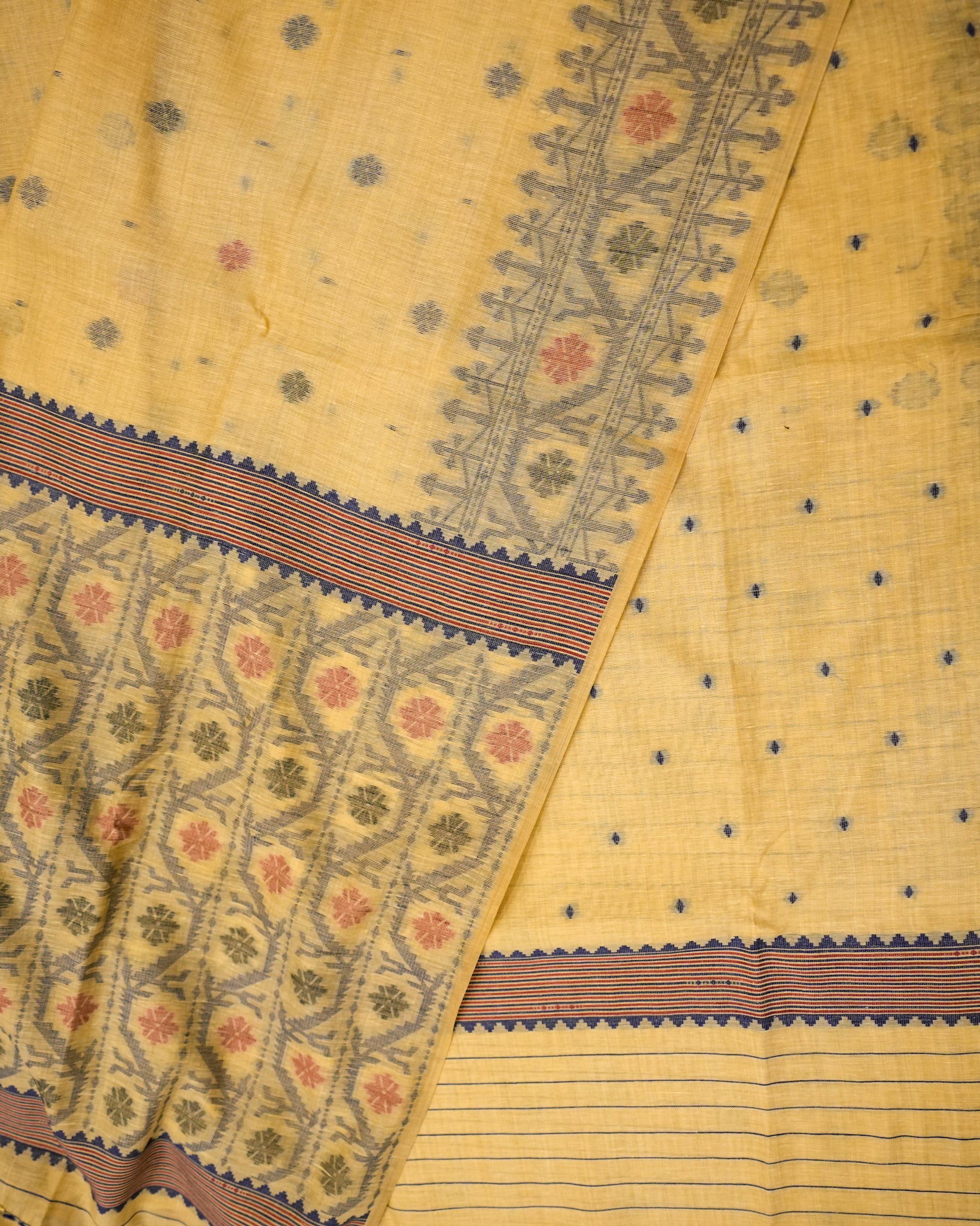 Yellow Muga Cotton Saree with Jamdhani Weaving
