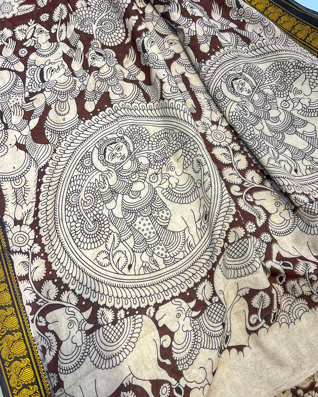 Kalamkari Cotton Saree with Nizam Border – Maroon Floral Pattern
