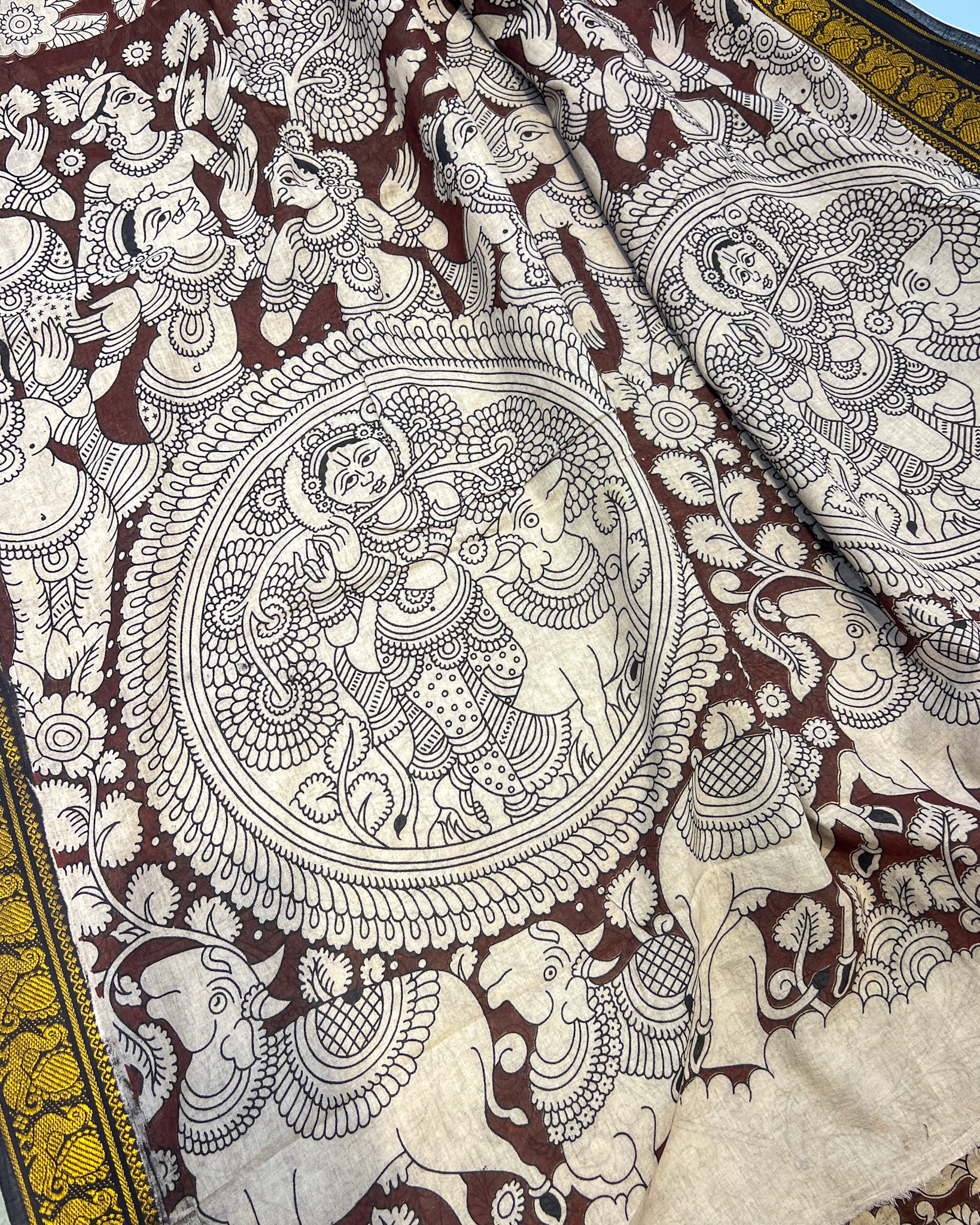 Kalamkari Cotton Saree with Nizam Border – Maroon Floral Pattern