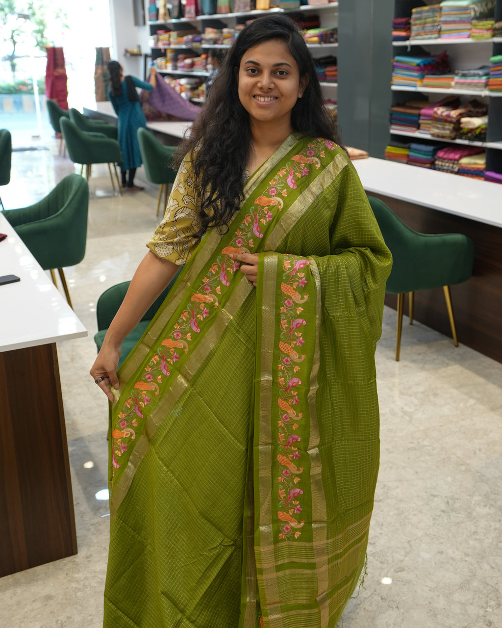 Soft Tussar Green Premium Saree with Zari Work & Peacock Embroidered Border