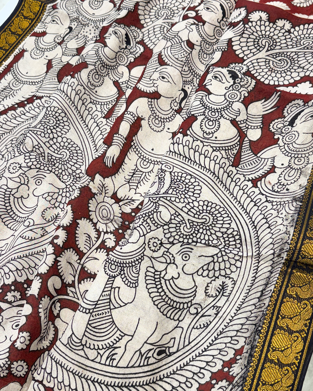 Kalamkari Cotton Saree with Nizam Border – Red Floral Pattern