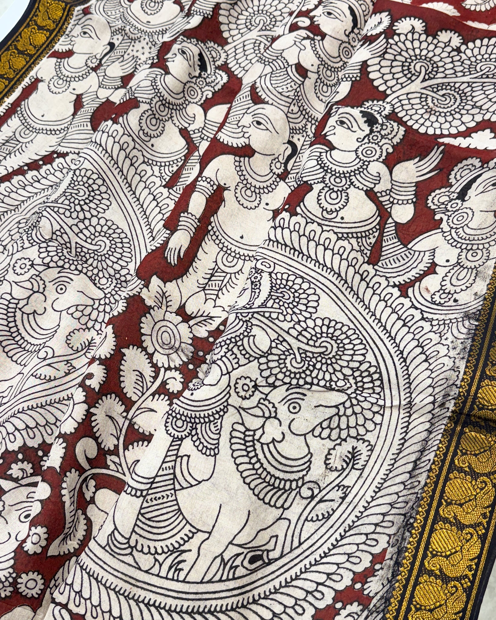 Kalamkari Cotton Saree with Nizam Border – Red Floral Pattern