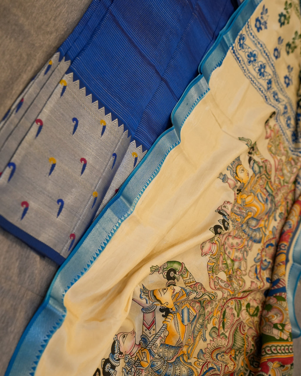Mangalagiri Silk Teal Blue Lehenga Set Kalamkari Dupatta