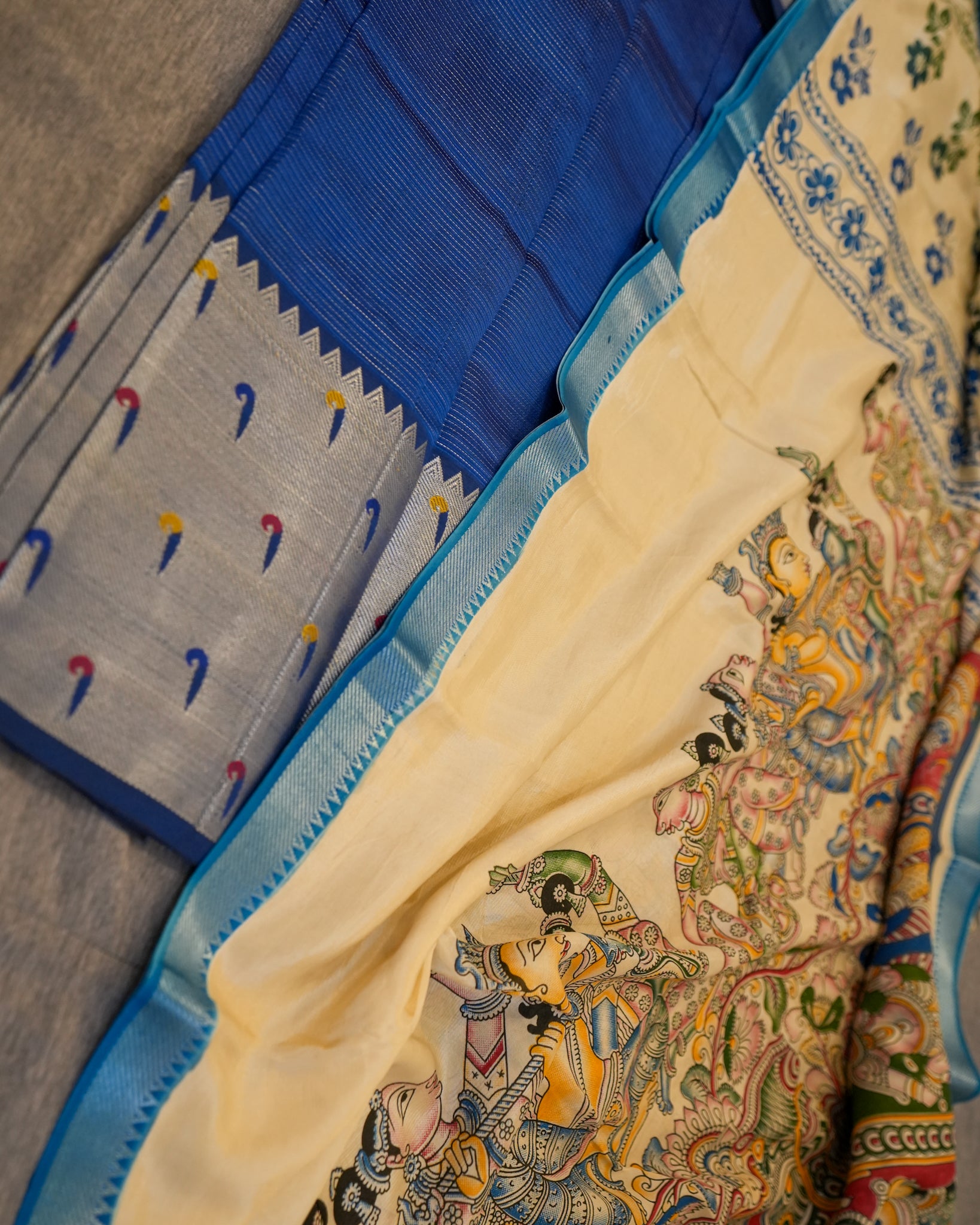 Mangalagiri Silk Teal Blue Lehenga Set Kalamkari Dupatta