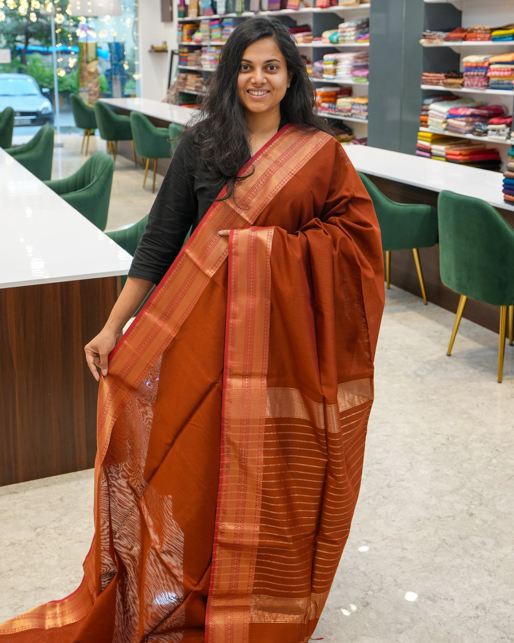 Rust Orange Woven Pure Silk Cotton Maheshwari Saree