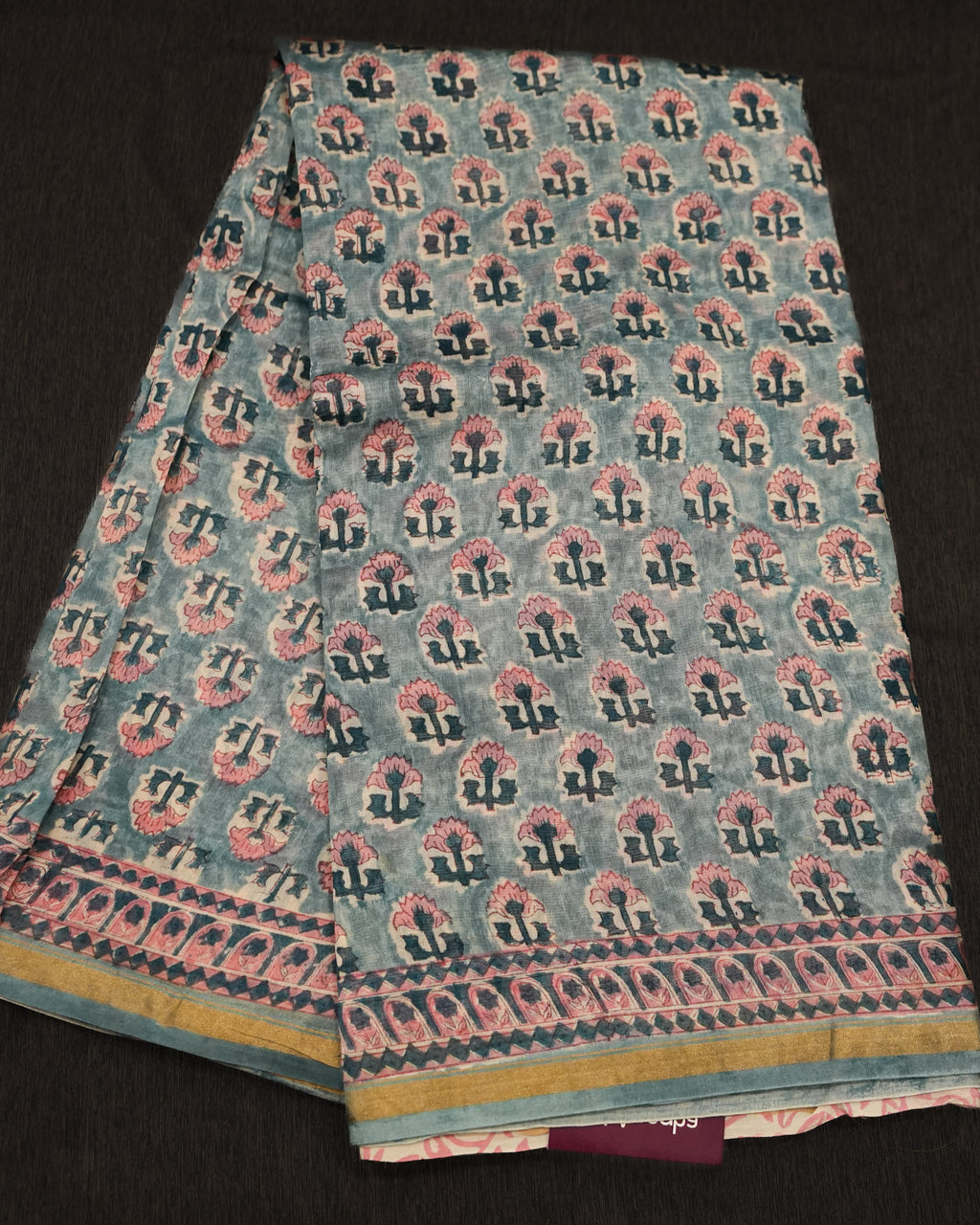 Chanderi Blue Pink Tropical Floral Silk Saree