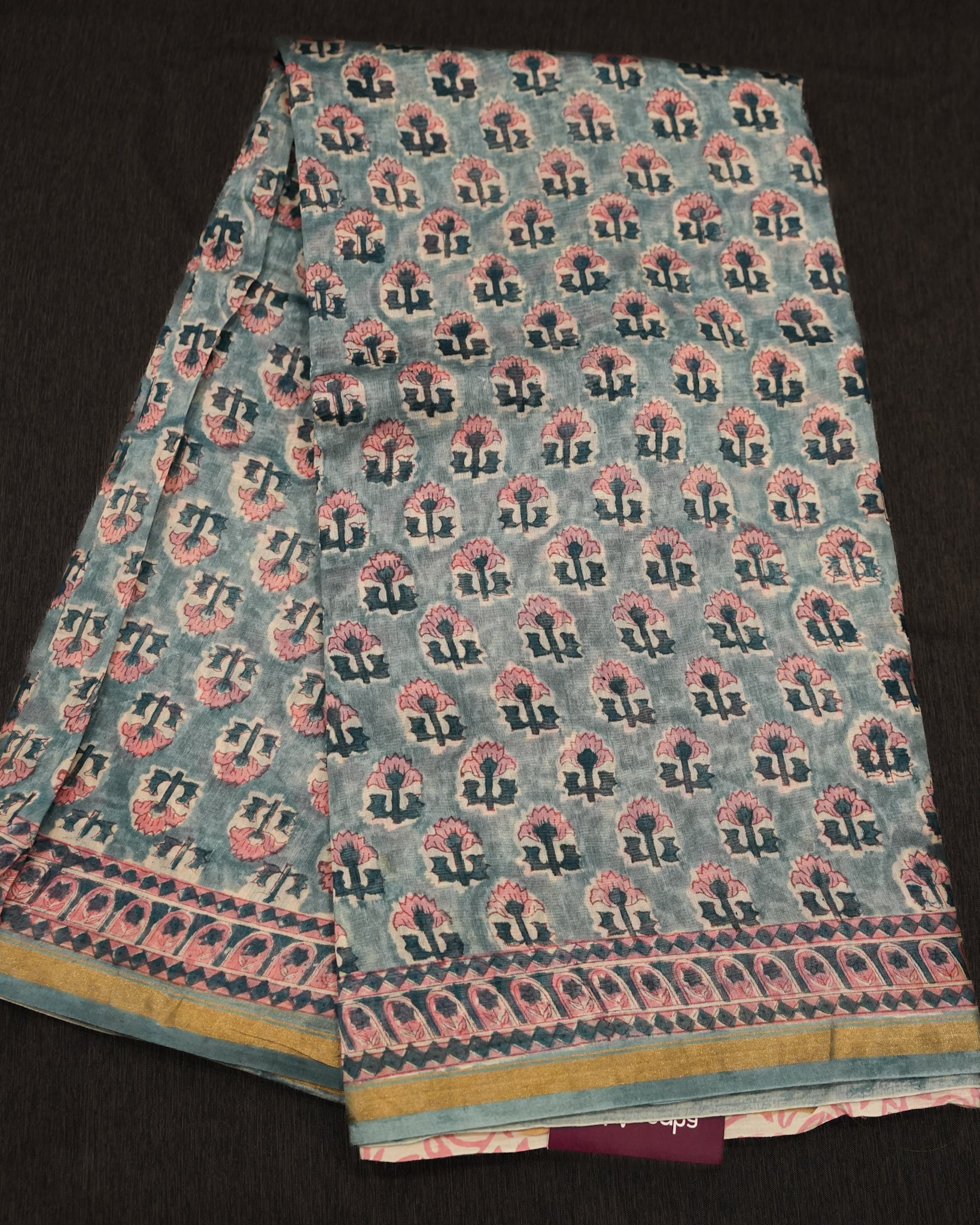 Chanderi Blue Pink Tropical Floral Silk Saree