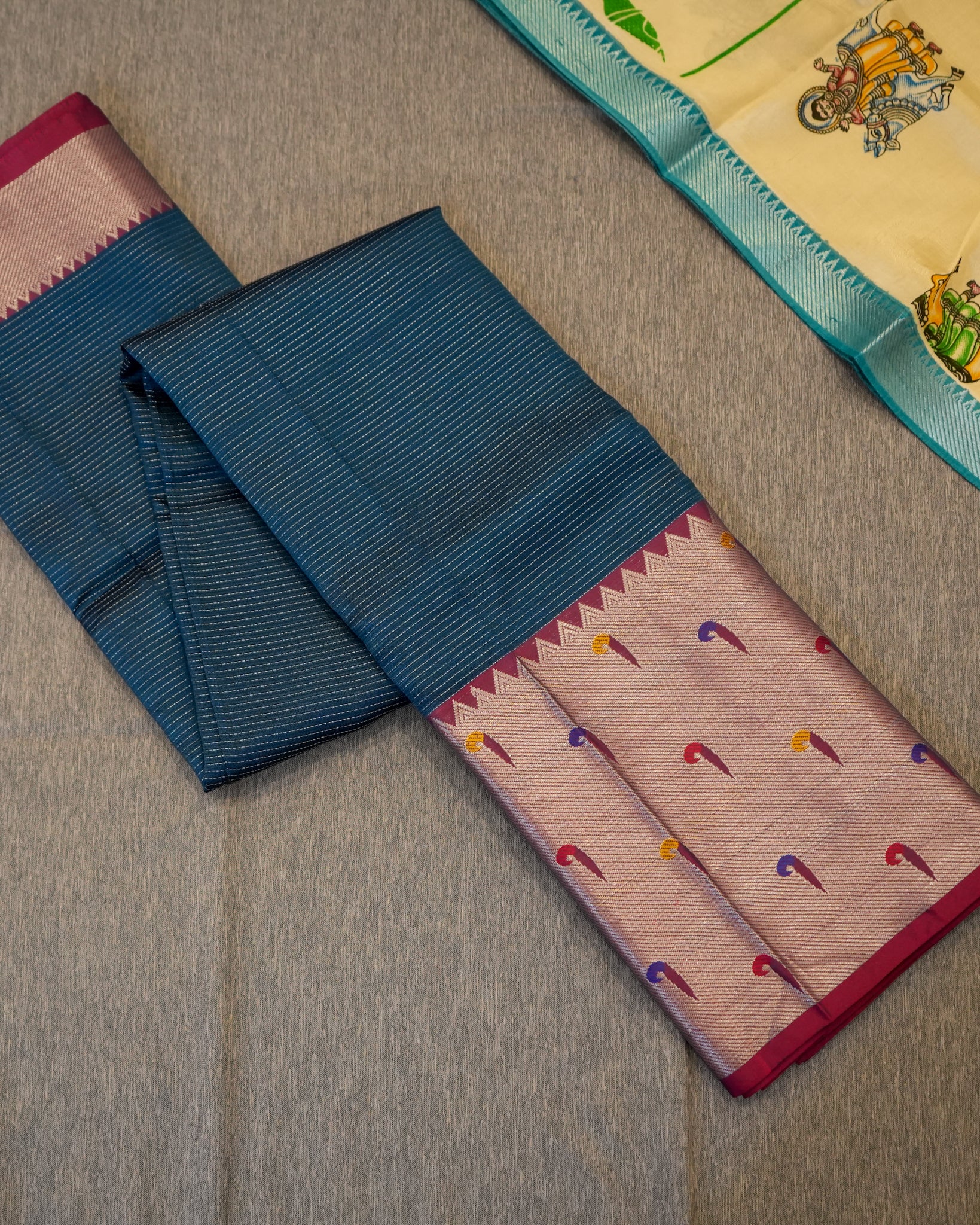 Mangalagiri Silk Teal Blue Lehenga Set Kalamkari Dupatta