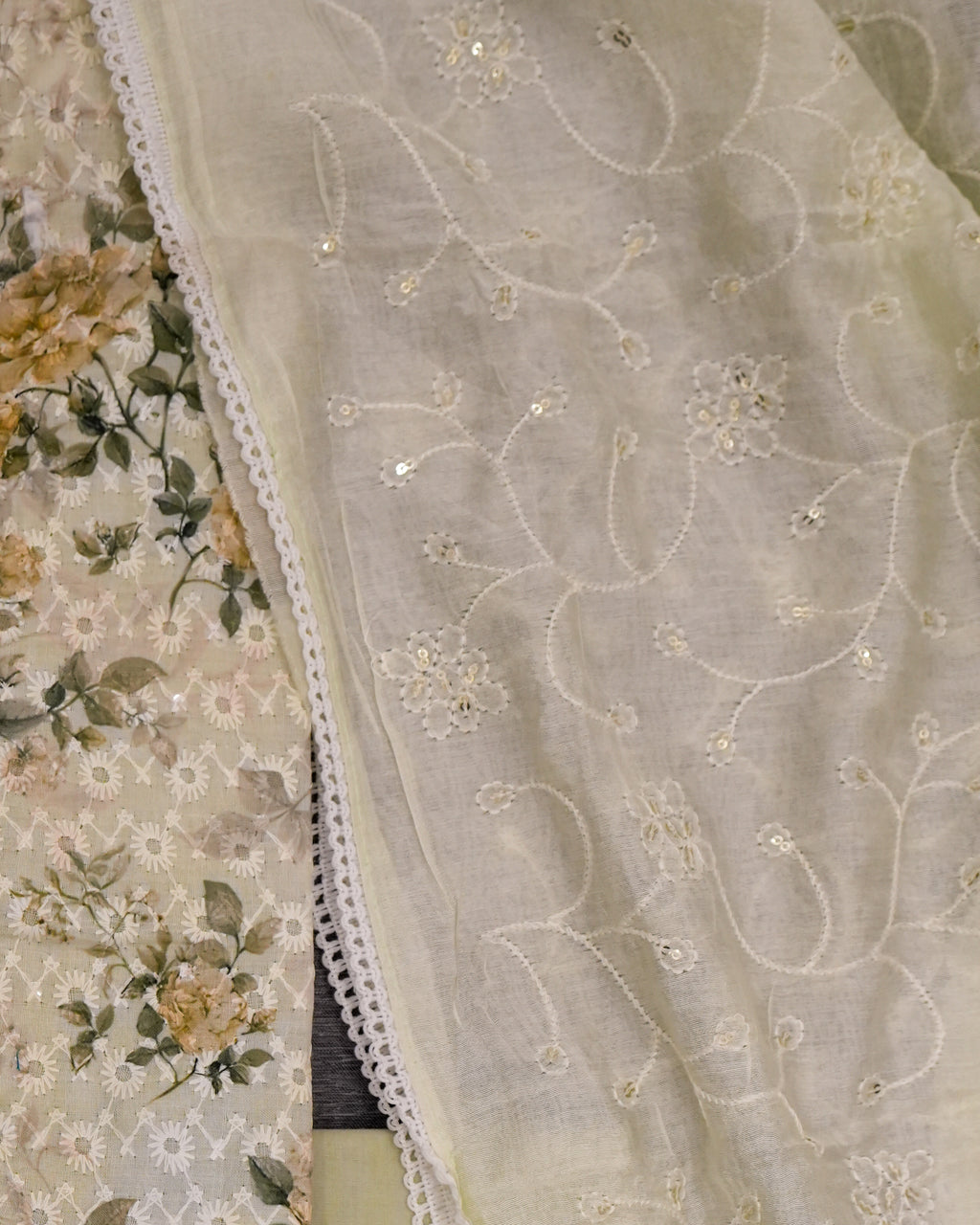 Green Cotton Chikankari Embroidered Floral Printed Unstitched Suit