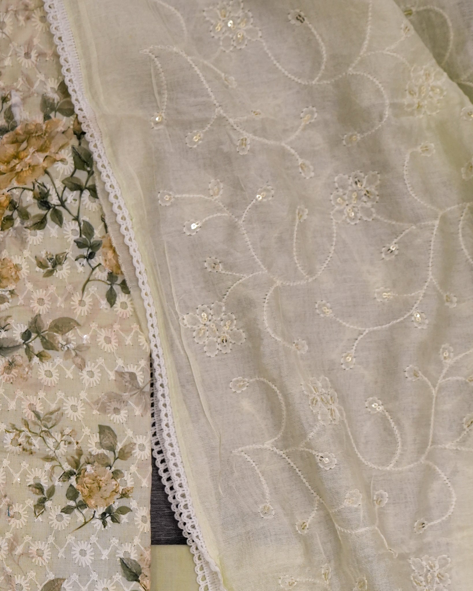 Green Cotton Chikankari Embroidered Floral Printed Unstitched Suit