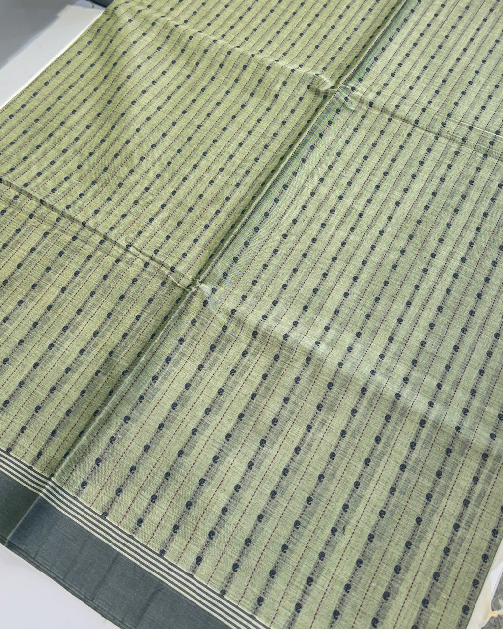Kanchi Cotton Green Saree with Mango Line Buttas Thread Work
