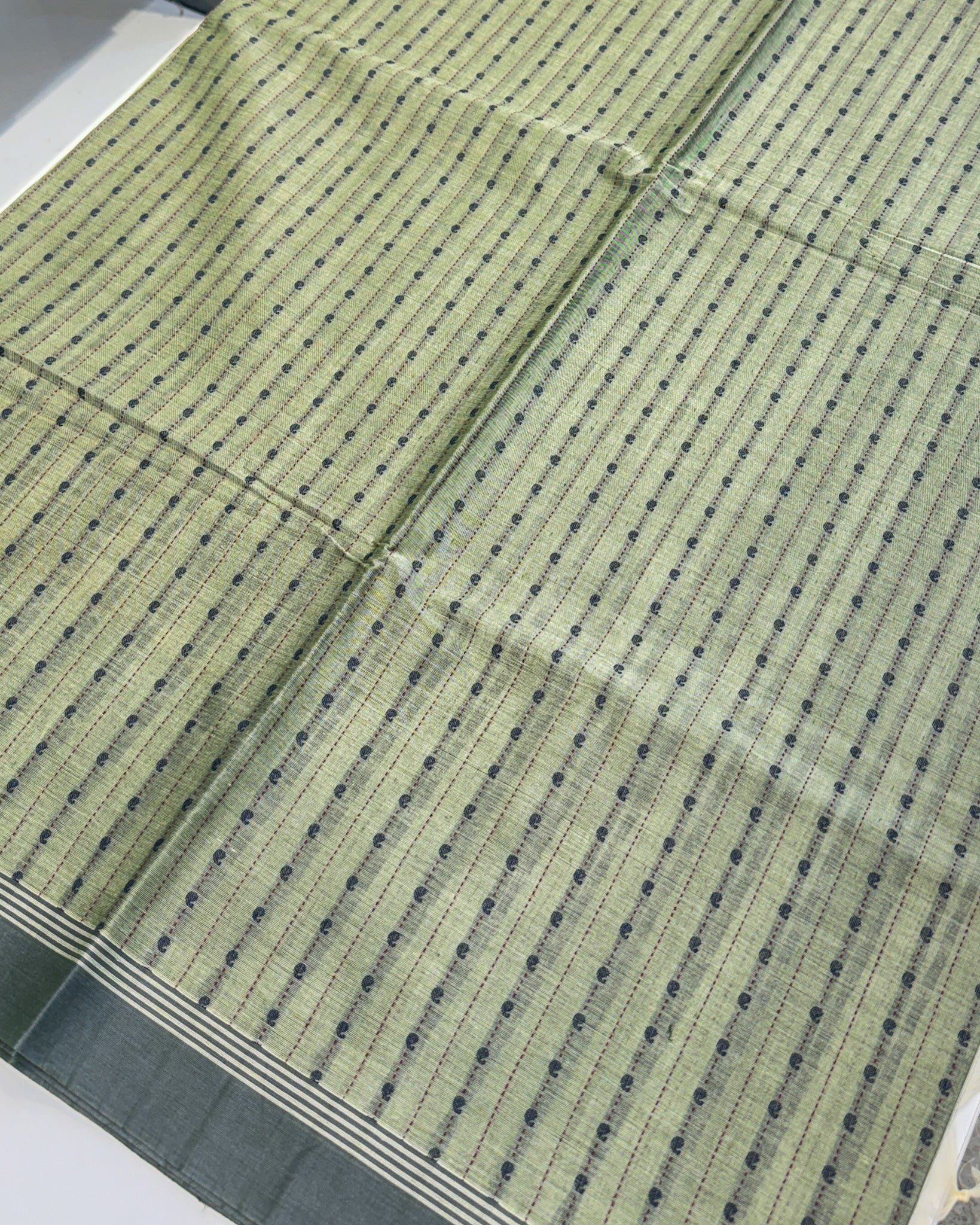 Kanchi Cotton Green Saree with Mango Line Buttas Thread Work