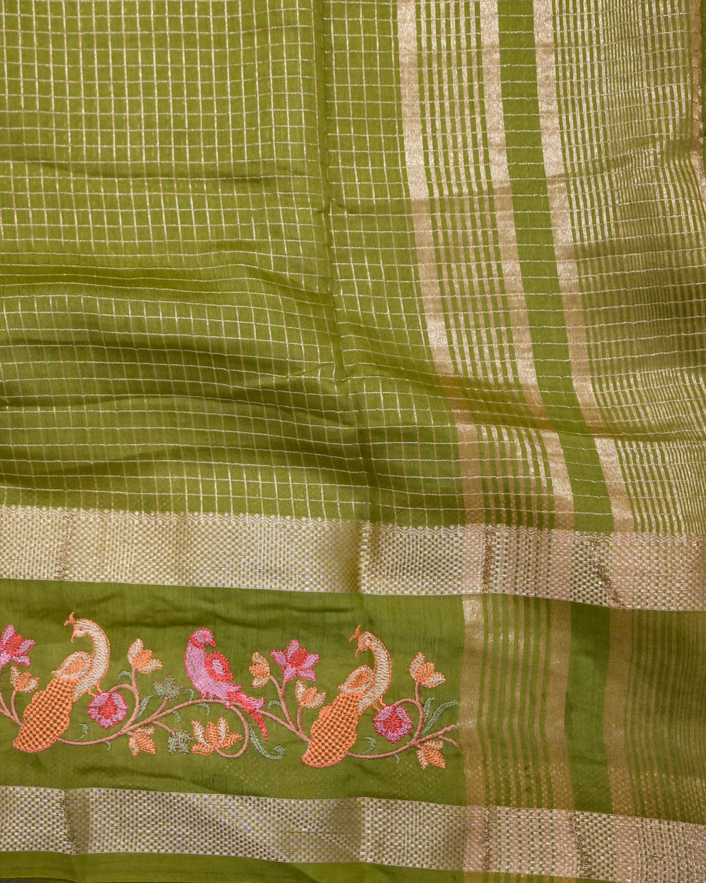 Soft Tussar Green Premium Saree with Zari Work & Peacock Embroidered Border
