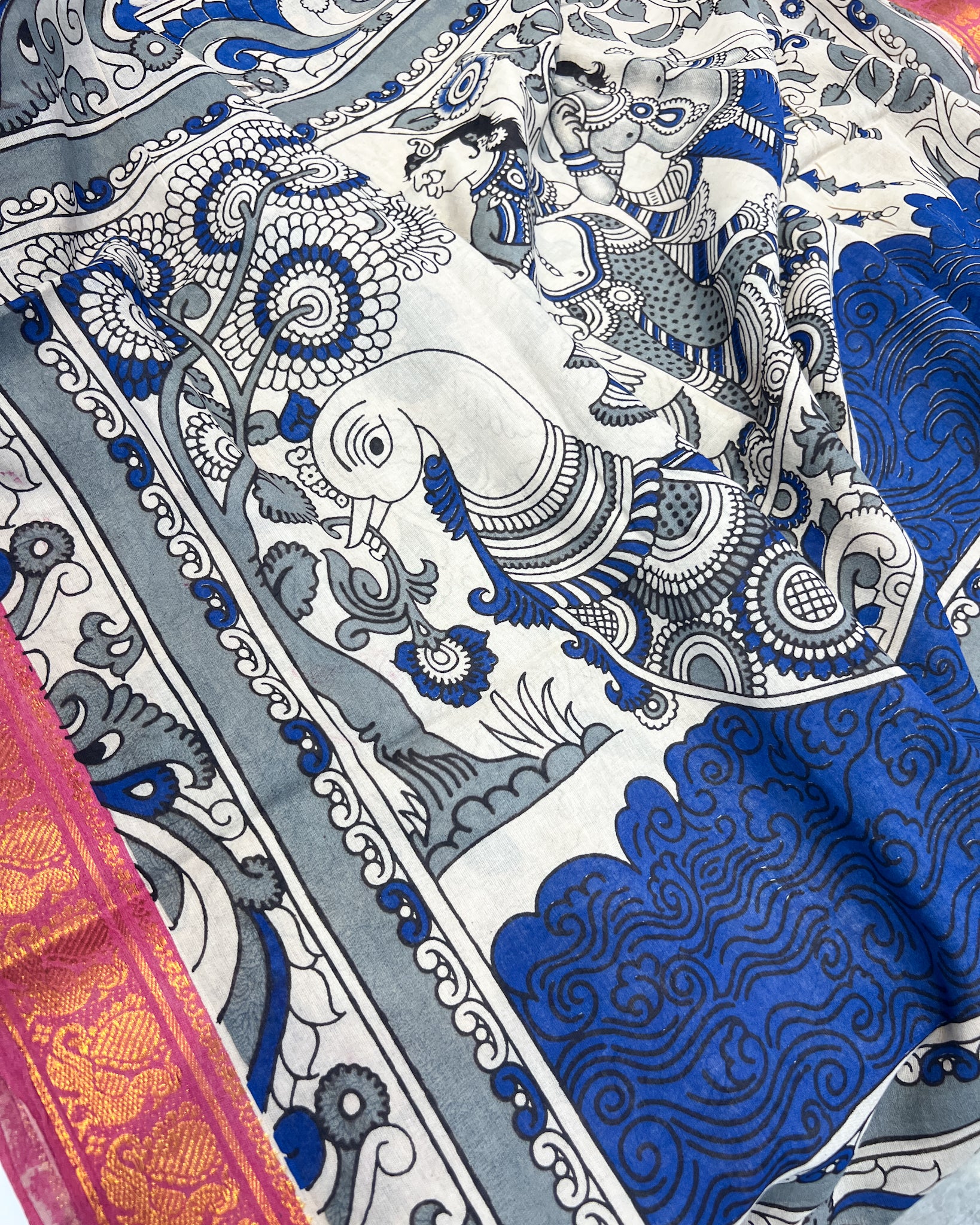 Kalamkari Cotton Saree with Nizam Border – Blue Floral Pattern