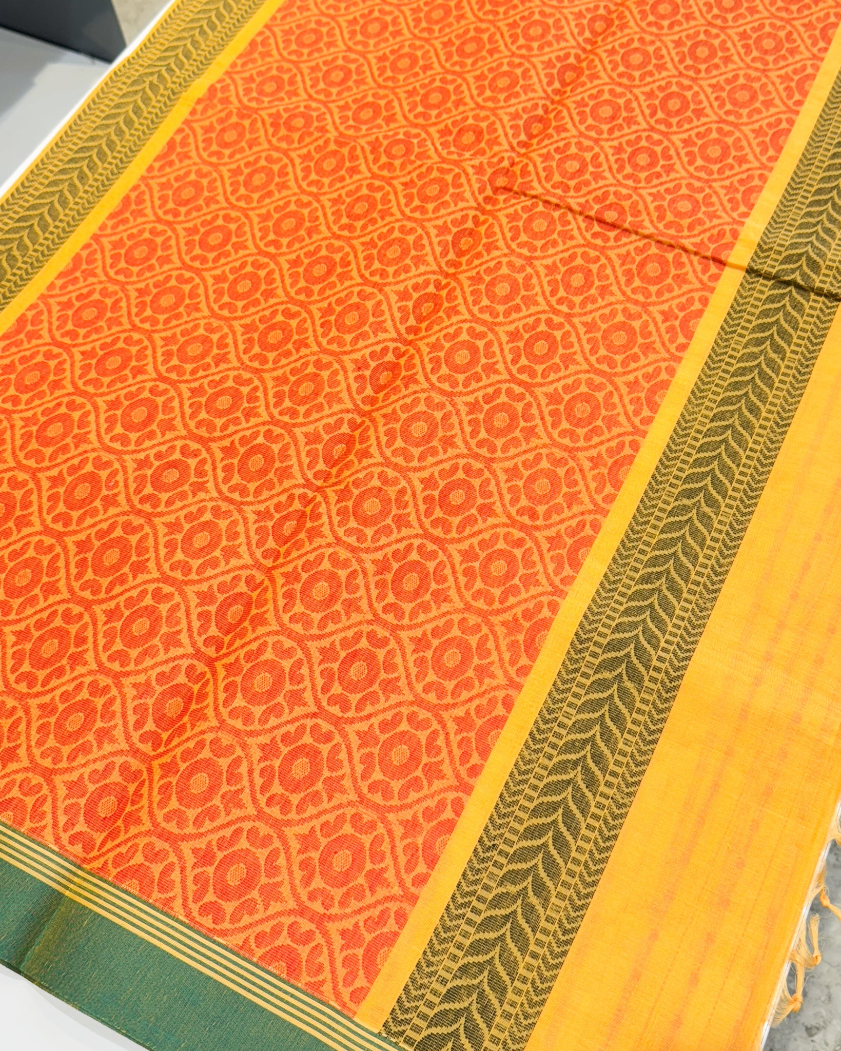 Kanchi Cotton Yellow Saree with Mango Line Buttas Thread Work