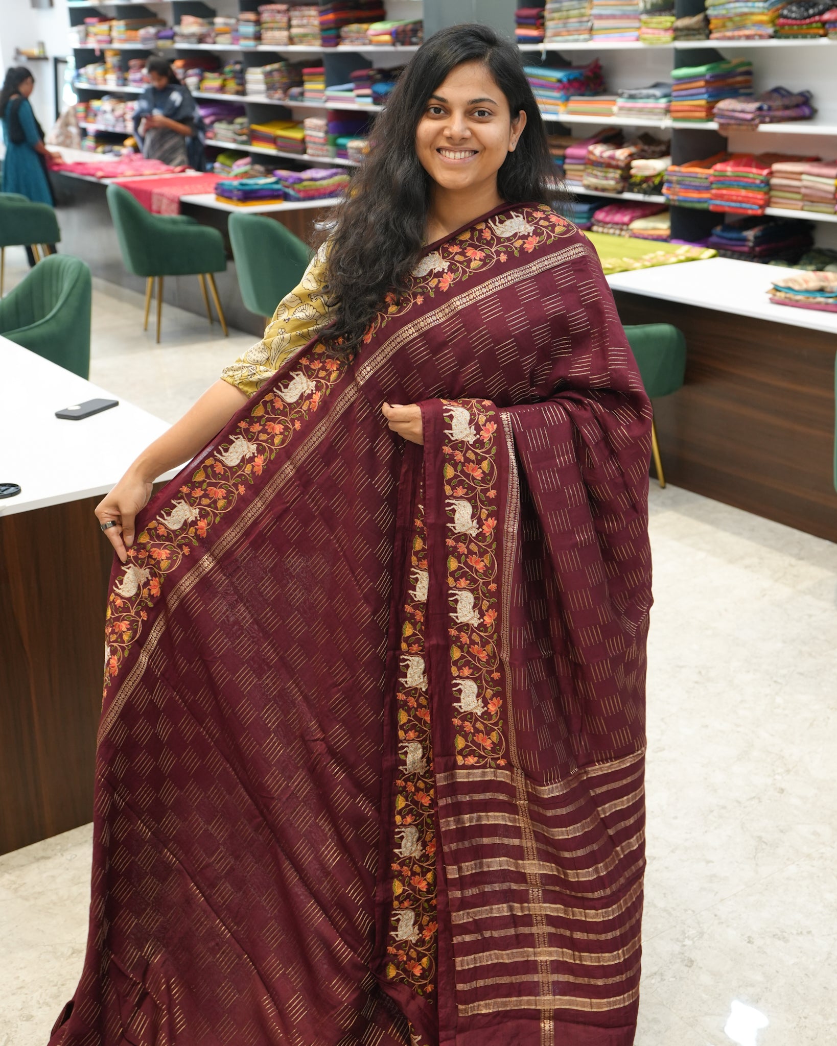 Soft Tussar Maroon Premium Saree with Zari Work & Pichwai Embroidered Border