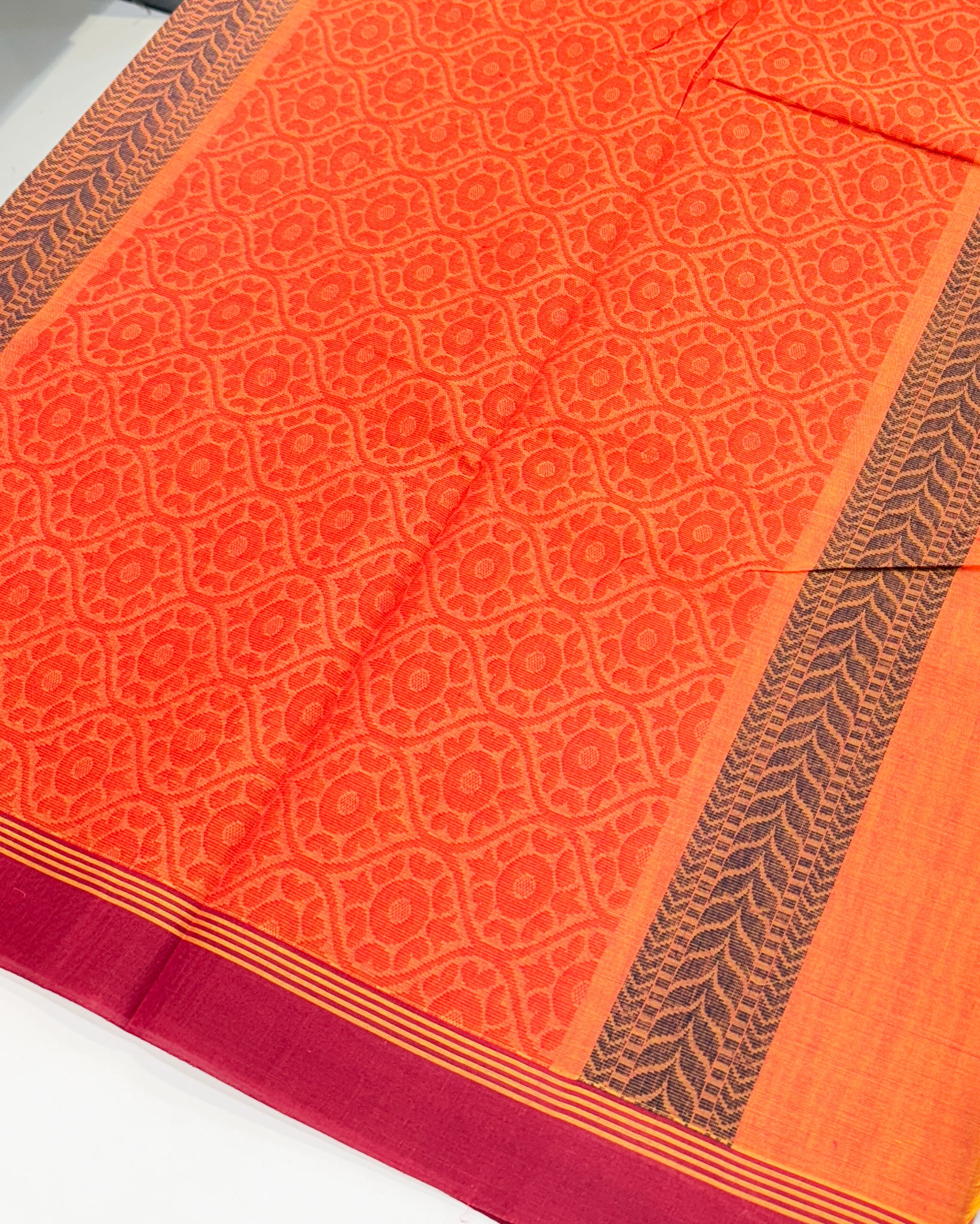 Kanchi Cotton Orange Saree with Mango Line Buttas Thread Work