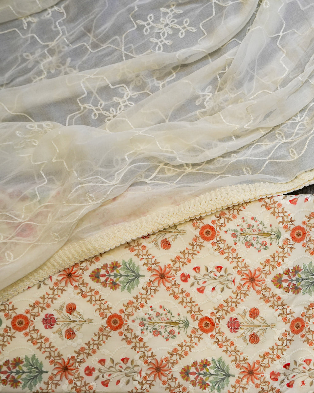 Cream Cotton Chikankari Embroidered Floral Printed Unstitched Suit