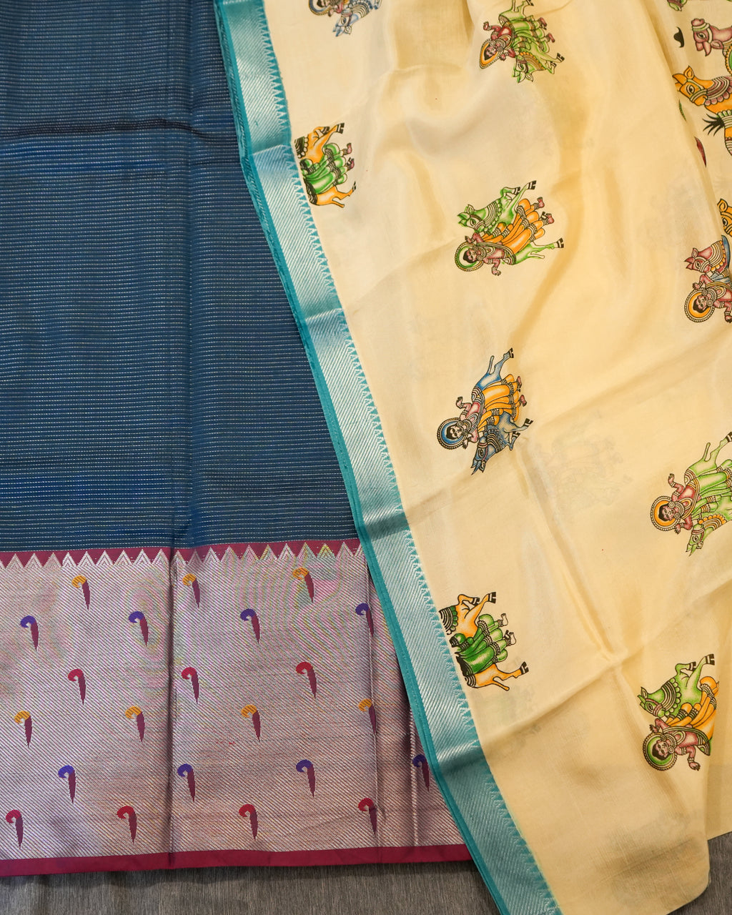 Mangalagiri Silk Teal Blue Lehenga Set Kalamkari Dupatta